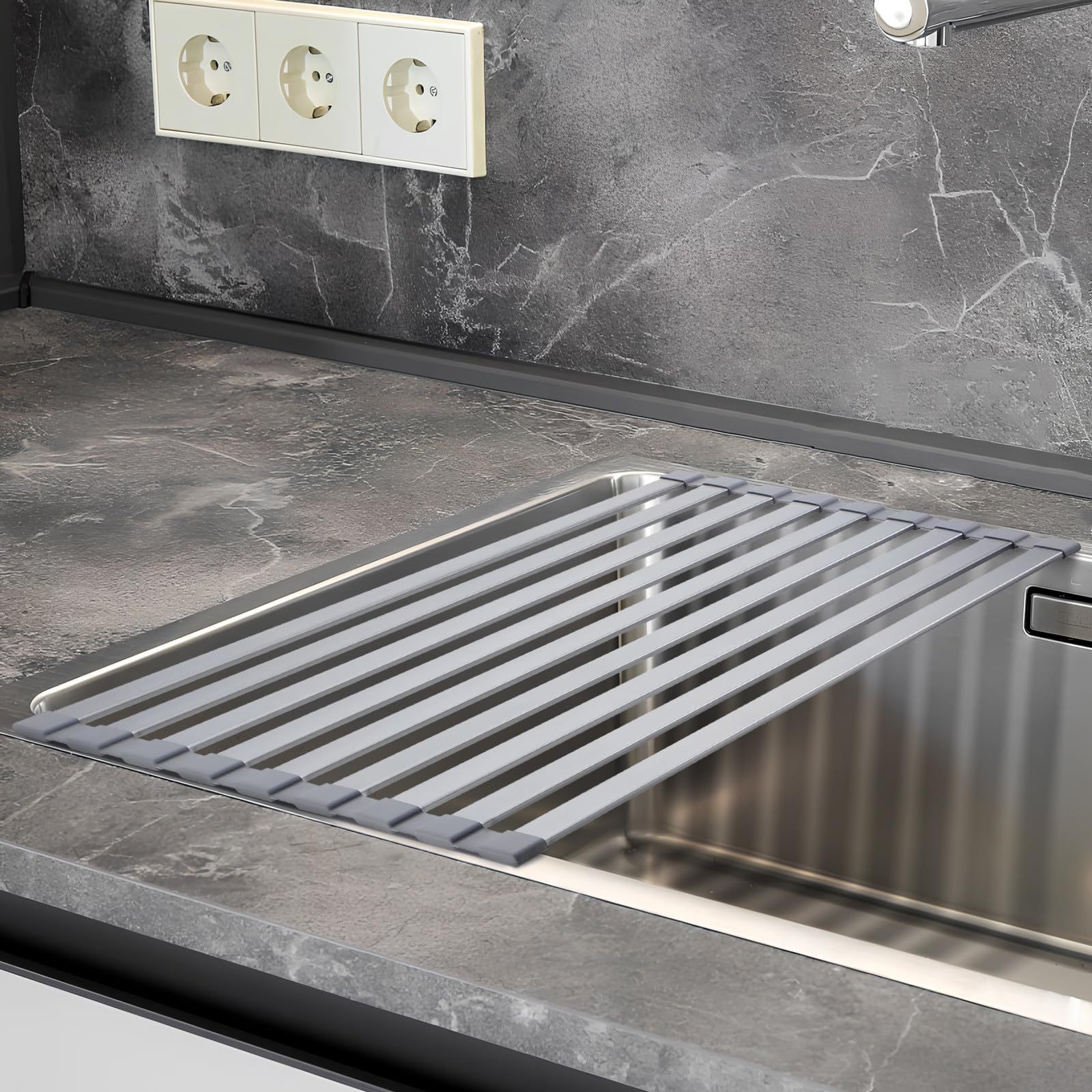 Escurreplatos Enrollable para Fregadero de Cocina Diseño Versátil y Compacto de Aluminio Adecuado para Cocinas y Restaurantes