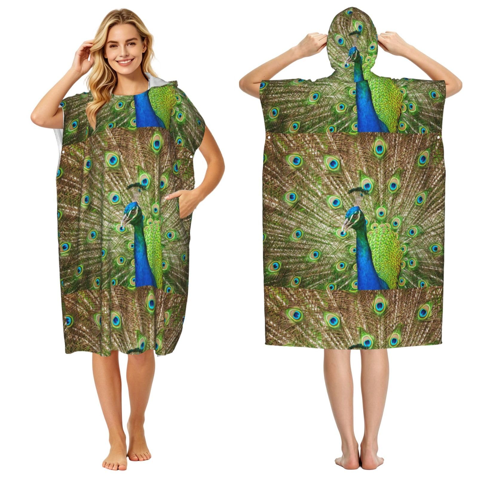 Poadnly Peacock, Adult Hooded Beach Towel 90 x 110 cm,Changing Bath Robe, Surf Poncho Towel For Women Men