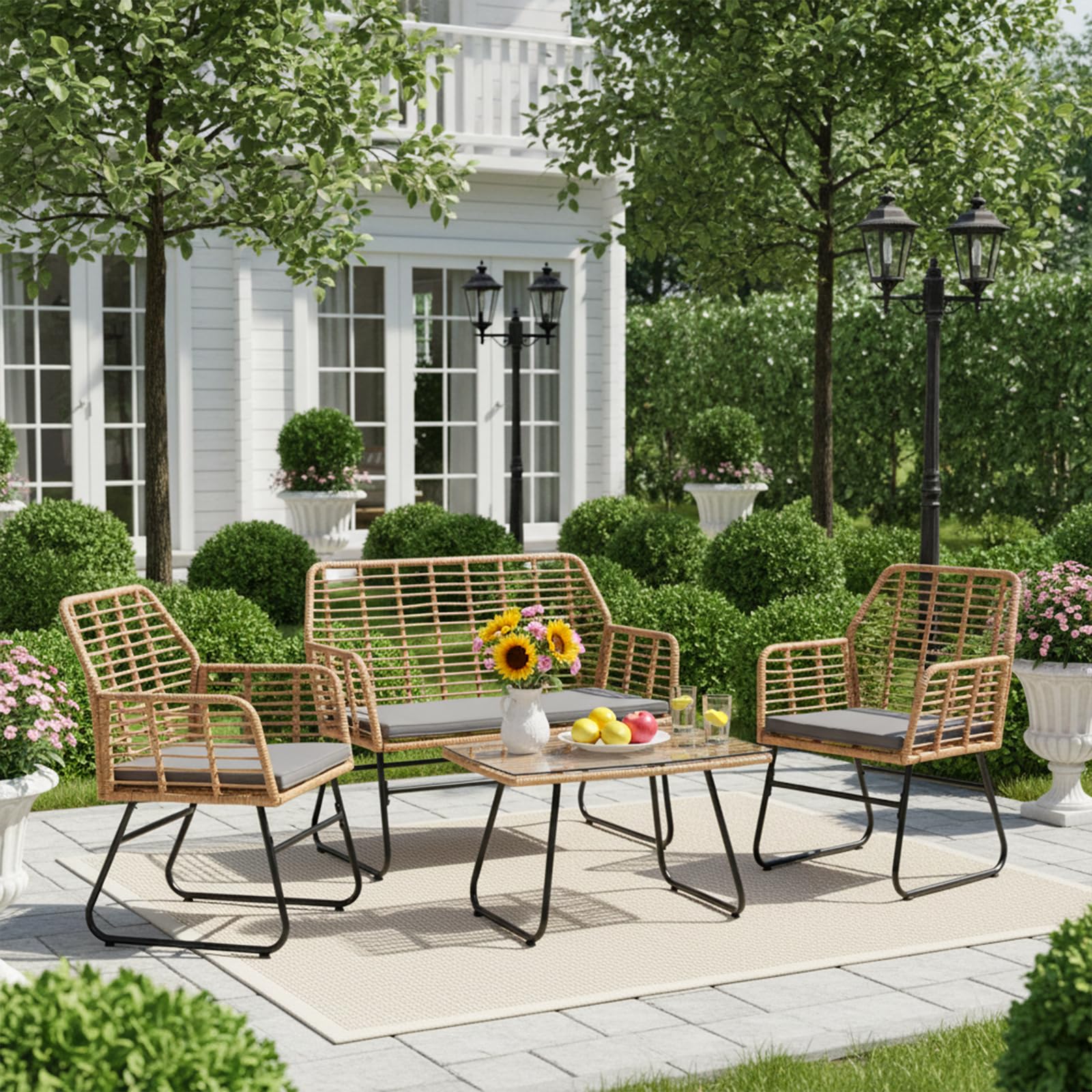 buybyroom Gartenmöbel-Set für den Außenbereich, 4 Personen, Rattan-Sessel, Tisch und Stuhl für den Außenbereich, inklusive 2-Sitzer-Sofa + 2 Sessel + 1 Gartentisch, abnehmbare Kissen