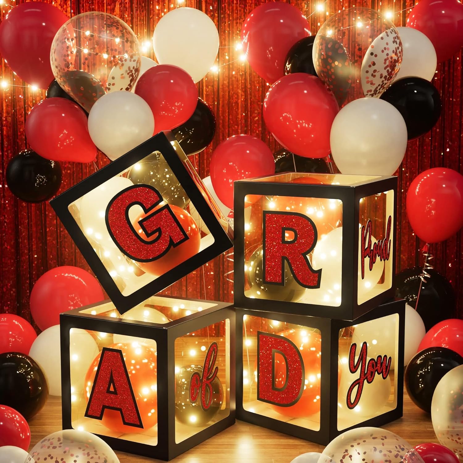 Asoulin Graduation Party Decorations Class of 2026, 86PCS Red & Black Graduation Party Supplies High School College Grad Balloon Boxes with Letter, Foil Curtains, LED String Light, Balloon Garland Kit