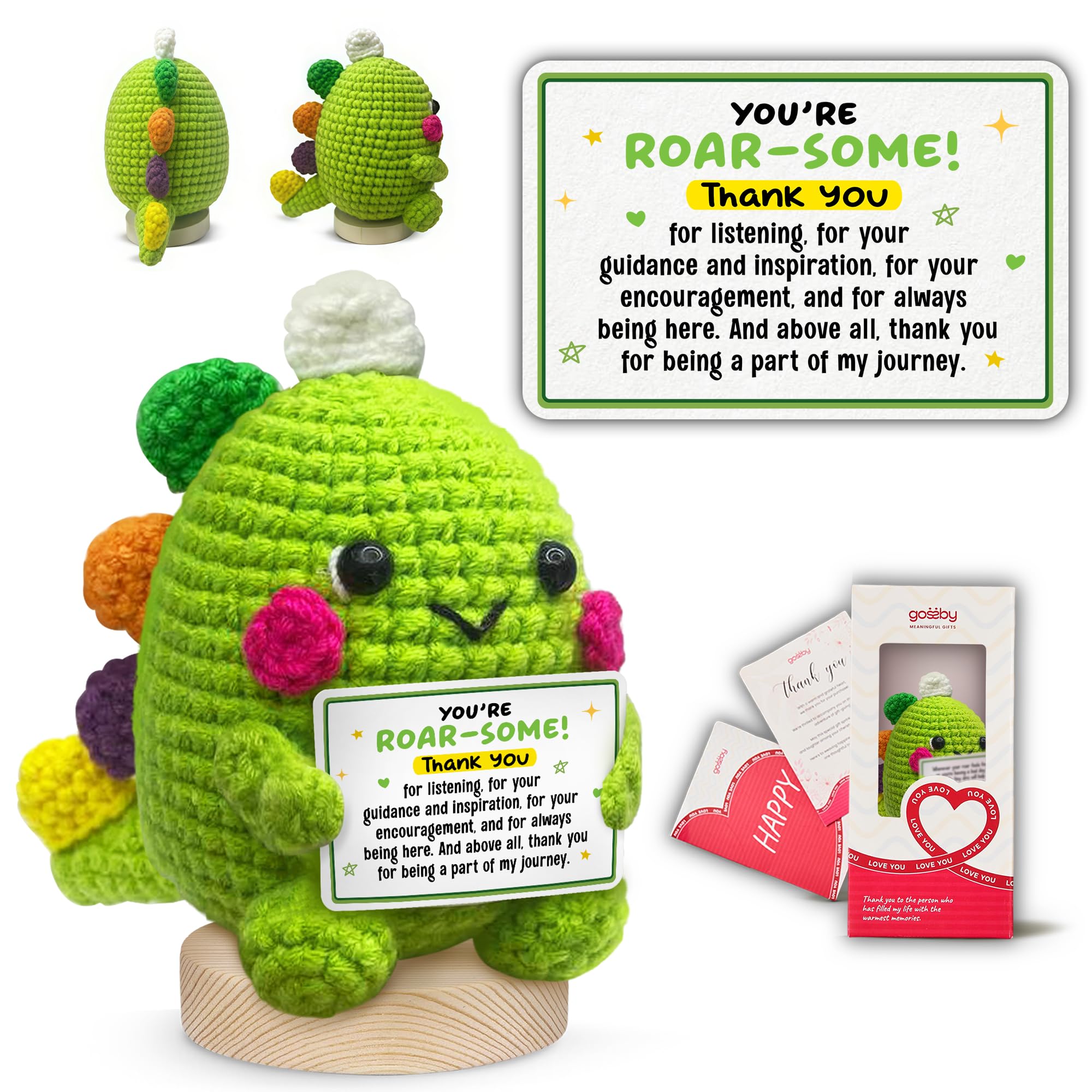GOSSBY Handmade Positive Dinosaur Crochet - Inspirational Gift for Women - You're Roar-some Thank You for Listening - Christmas, Birthday, Appreciation Thank You Gift Coworker, Sister, Friend, Teacher