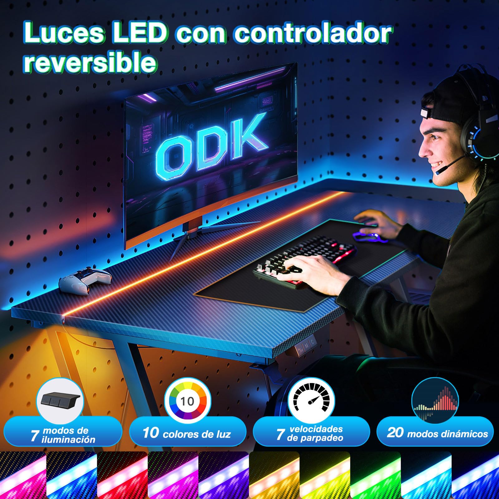 ODK 80 × 50 cm Mesa Gaming con Luces LED, Escritorio Gaming con Soporte para Taza y Gancho para Auriculares, Diseño Doble Z Mesa Mesa Ordenador Fibra de Carbono Negro