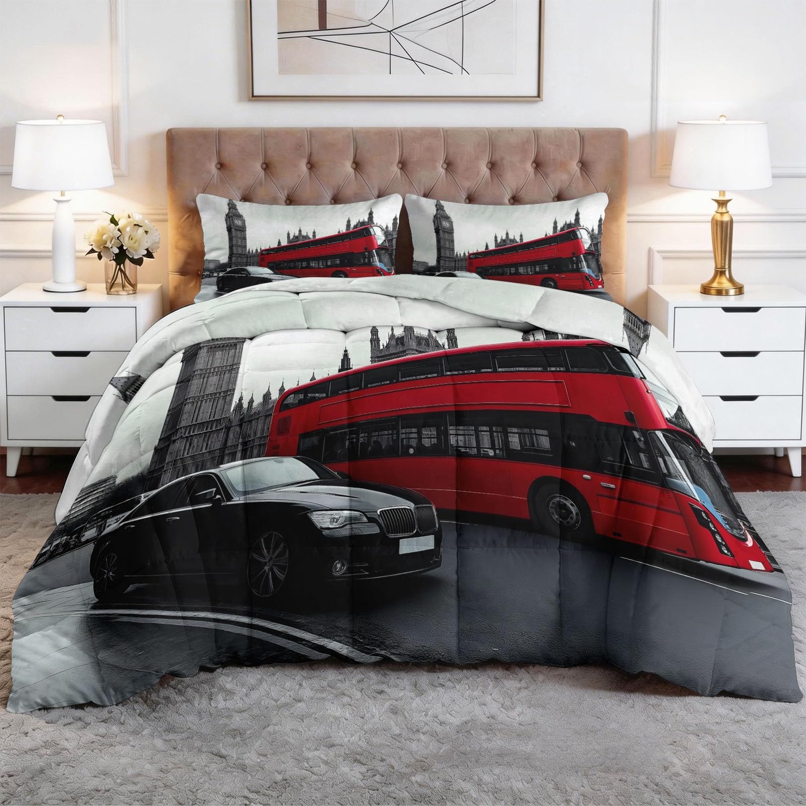 Edredón nórdico de 240 x 220 cm blanco con diseño de autobús imperial reversible