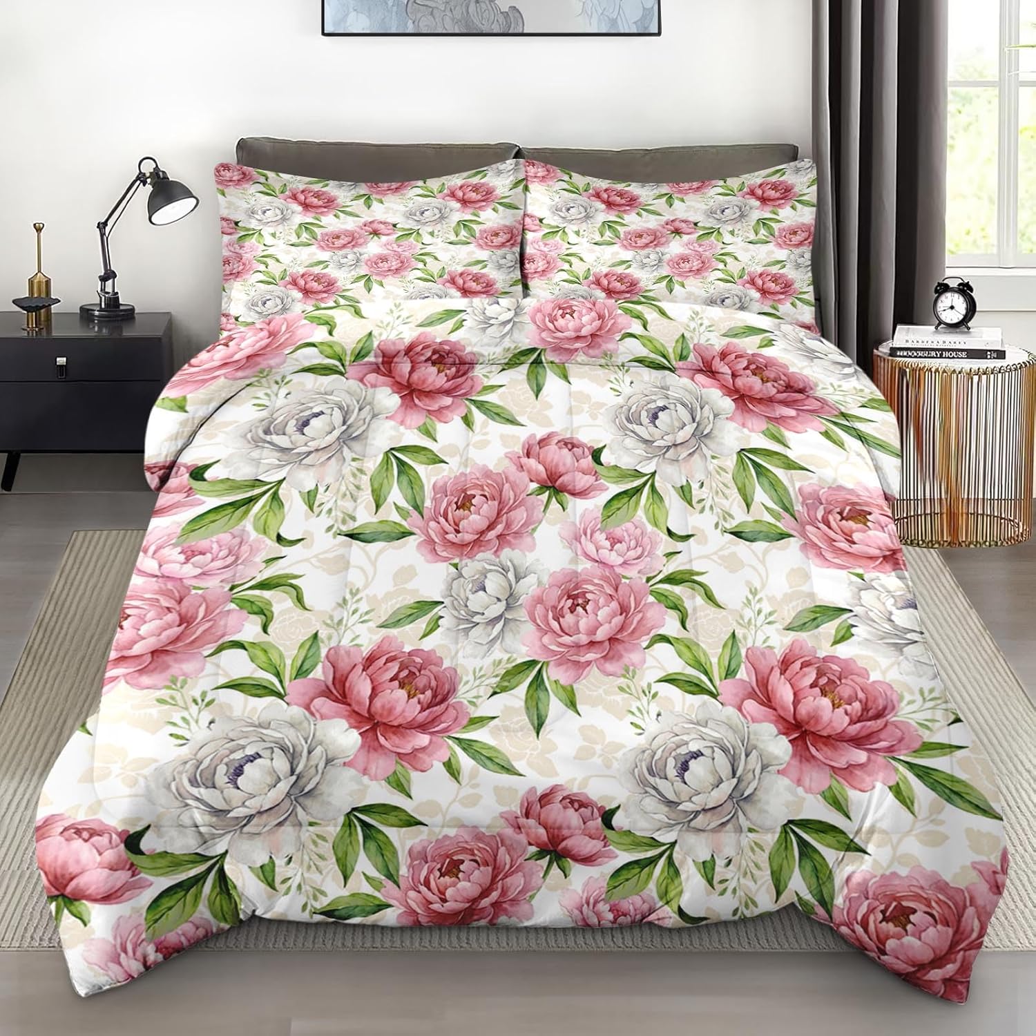 Pamnest Comforter Set Full Size, Floral Botanical Flower Soft 3 Pcs Bedding for Kids and Adults, Pink White Peony Comforter Set with Pillowcase, for Bedroom Bed Decor