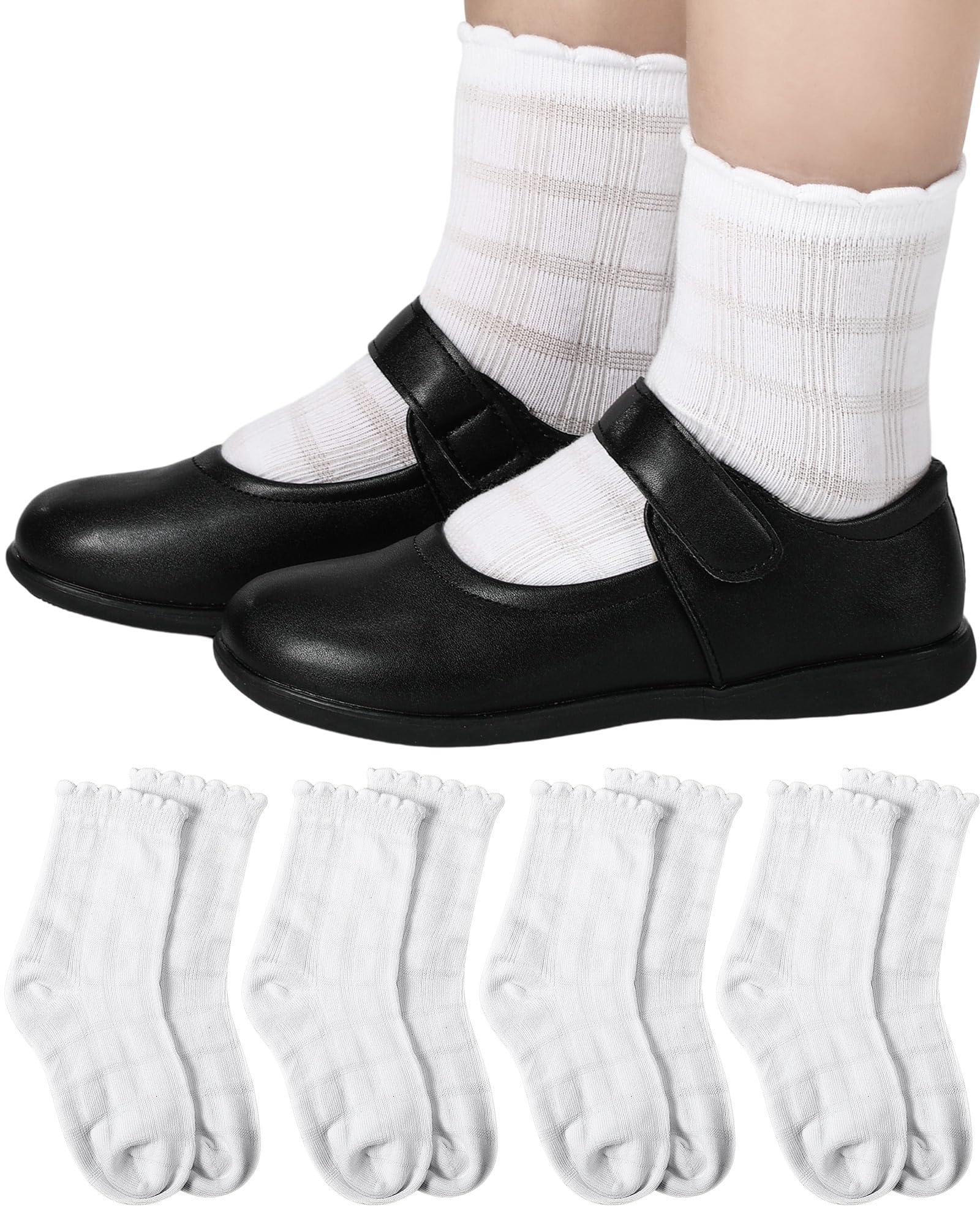 Shyyween 4 Pairs Girls School White Sock School Uniform Dress Socks Ruffle Ankle Crew Socks for Girls Kids Size 4-12 Years