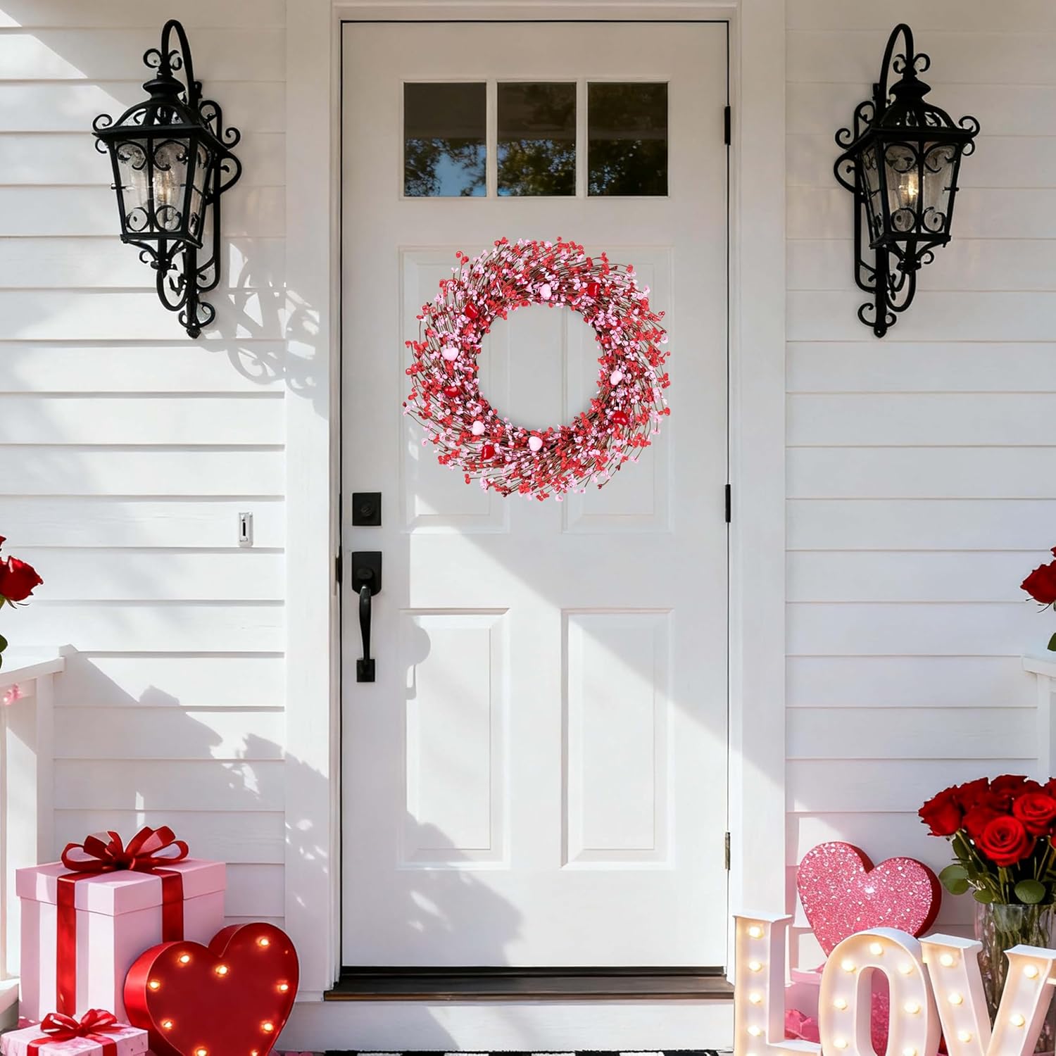 Valentine's Day Wreath 20 Inch Valentines Day Wreaths for Front Door Handmade Red Heart Shaped Berry Wreath with Pink Love Heart Berries for Valentine Party Anniversary Candlelight Dinner