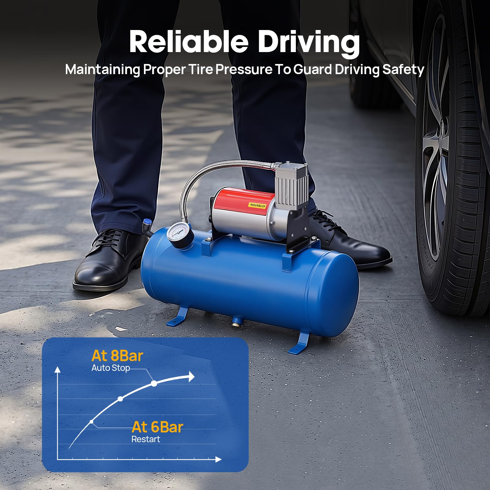 Compresseur d'air électrique silencieux 12 V 150 PSI Capacité du réservoir 6 litres Gonfleur de pneu Pompe à pneus pour voiture, bateau, vélo