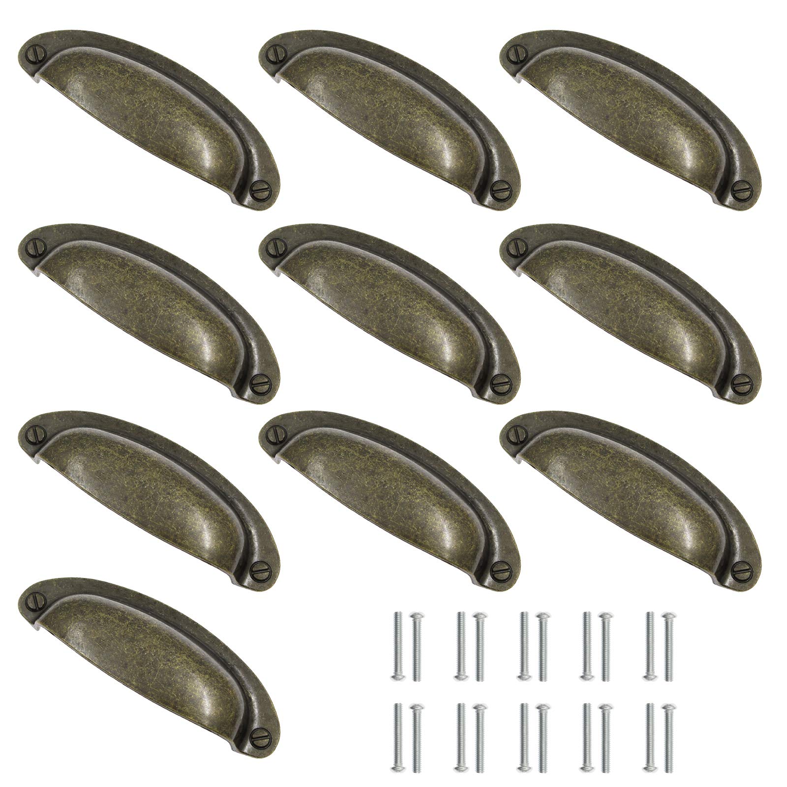 Kyuionty 10Pcs Antique Bronze Drawer Knobs Pull Handle Metal Cup Pull 3.5" Hole Centers, Vintage Shell Pull Handle for Kitchen Cabinets Furniture