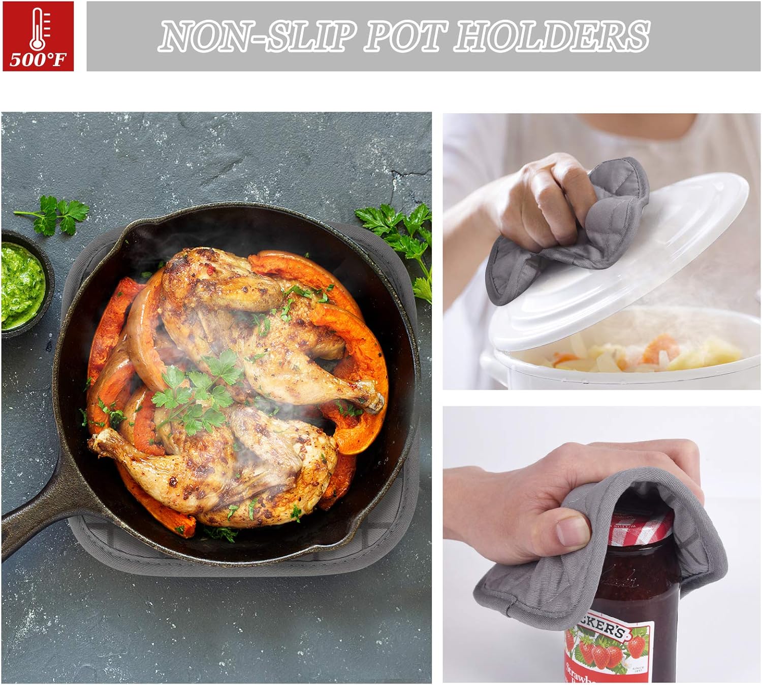 Oven Mitts and Pot Holders Set 500 Degree Heat Resistant Oven Gloves and Hot Pads, Premium Soft Cotton Kitchen Hand Towels and Dish Cloth Hanging Loop Gray - Image 4