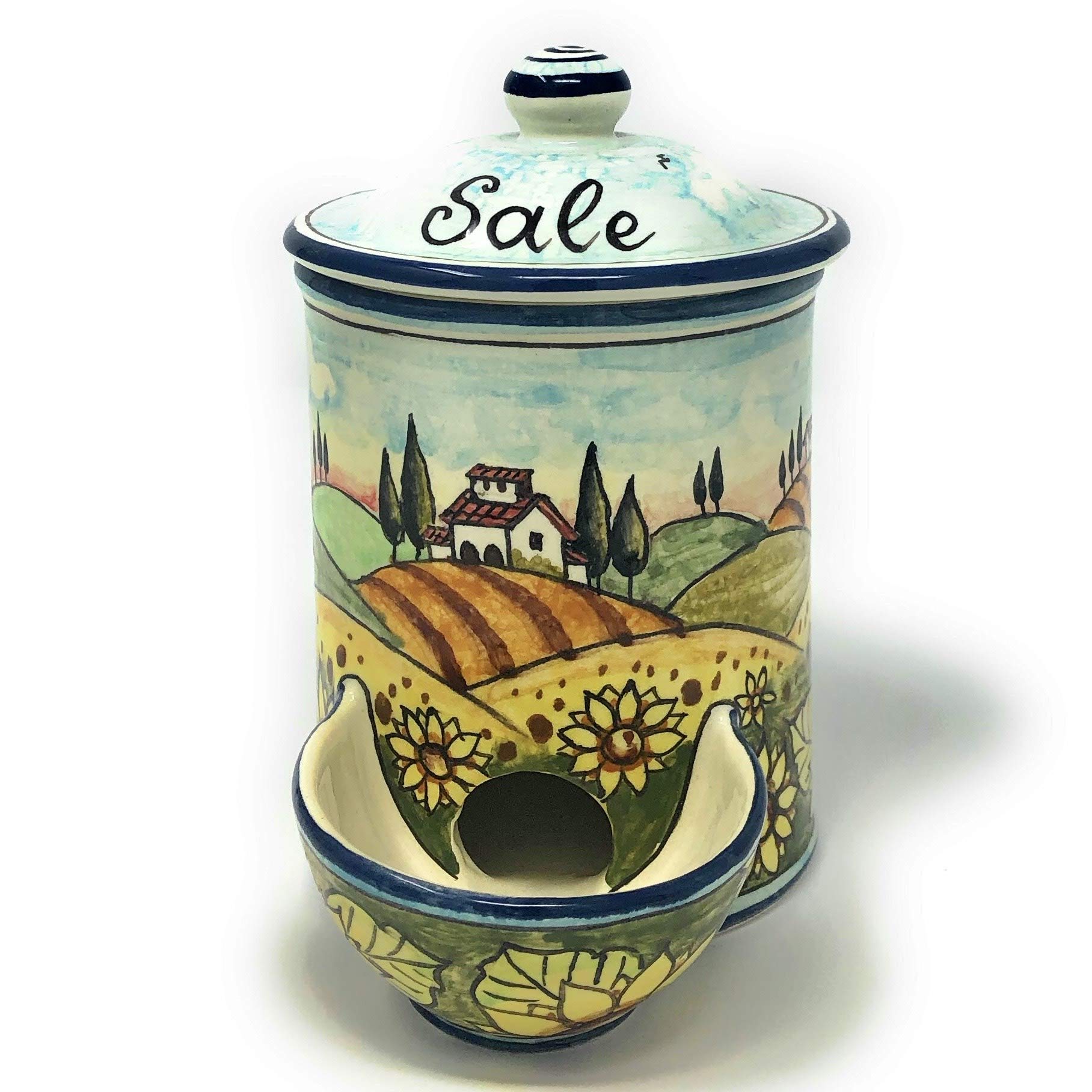 CERAMICHE D'ARTE PARRINI- Italian Ceramic Jar Salt Holder Decorated Sunflower Landscape Hand Painted Made in ITALY Tuscan Art Pottery