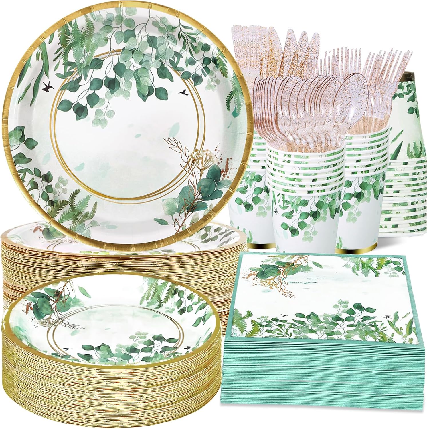 350 Pcs Sage Green Plates and Napkins Party Supplies Serve 50 Sage Green Baby Shower Decorations Eucalyptus Paper Plates and Cups And Napkins Sets for Boho Birthday Wedding Baptism Bridal
