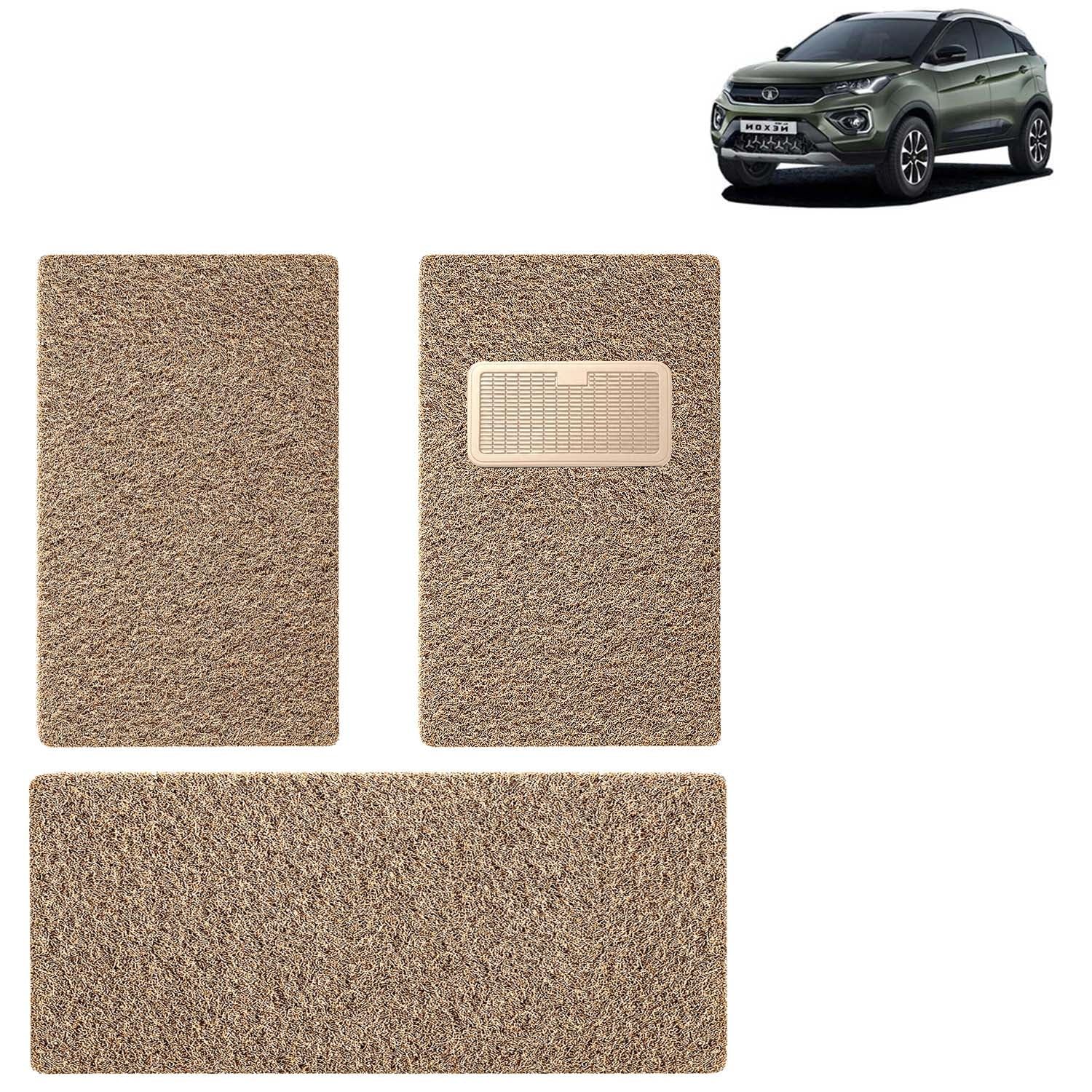 KINGSWAY Accessories Noodle Grass PVC Foot Mats Compatible with Tata Nexon (Year 2020-2023) – 12mm Thickness Universal Fit Anti-Slip Car Floor Mats, Complete Set of 3 Pcs – Beige-Brown