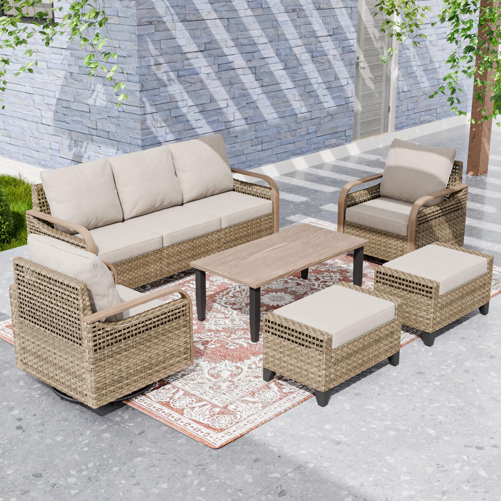 EAGLE PEAK Modern Wicker Outdoor Patio Furniture Set, Patio Conversation Set, 2 Swivel Rocking Chairs, 3-Seat Loveseat, 2 Ottomans and Coffee Table, 6