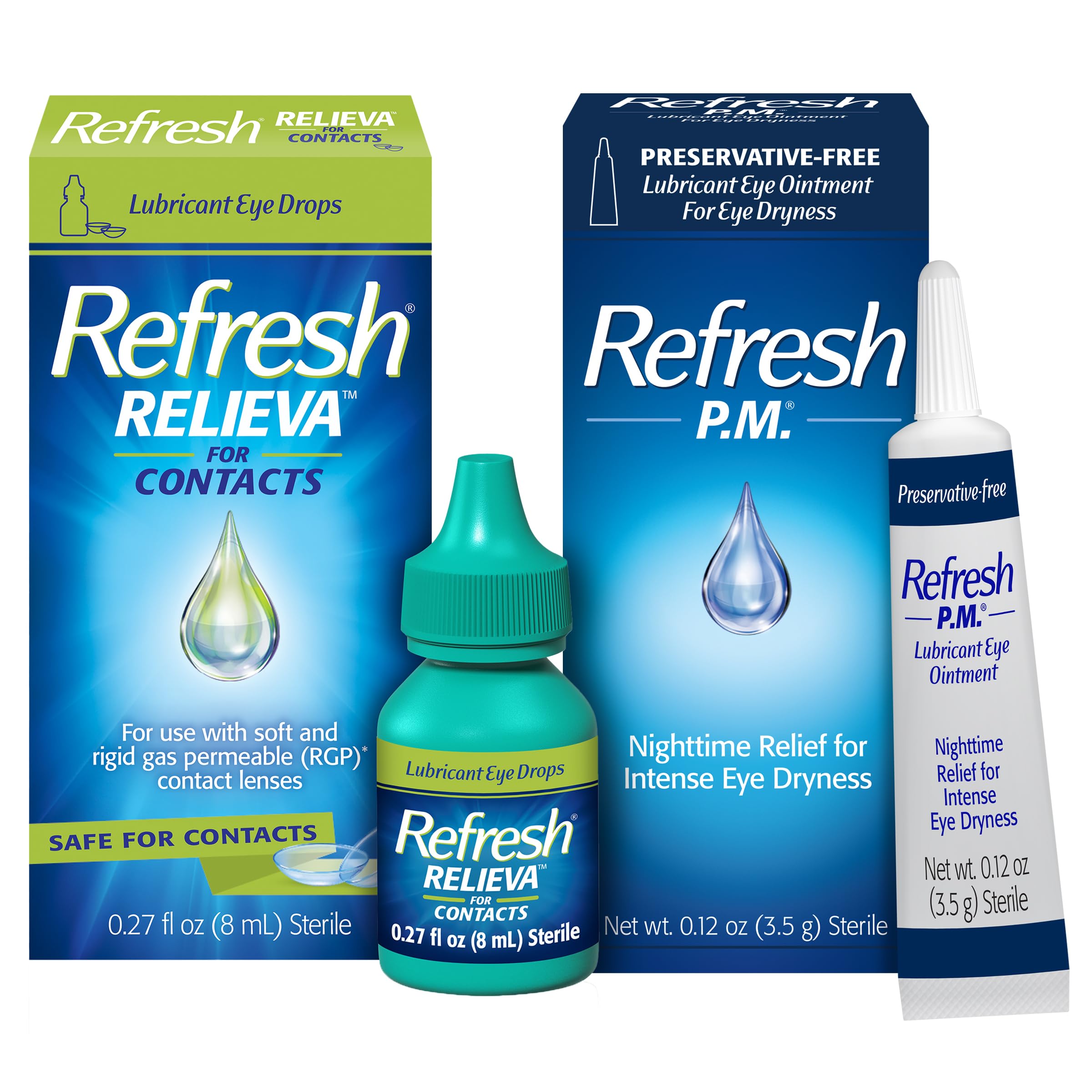 Refresh Relieva for Contacts Lubricant Eye Drops (0.27 Fl Oz) P.M. Eye Ointment, Nighttime Relief, Preservative-Free (0.12 Oz)