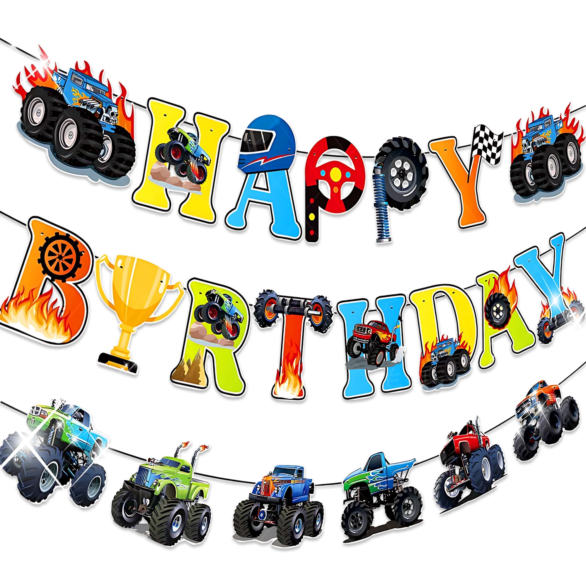 Monster Truck Birthday Banner Fire Cars Trucks Birthday Sign with Garland Race Car Theme Party Supplies