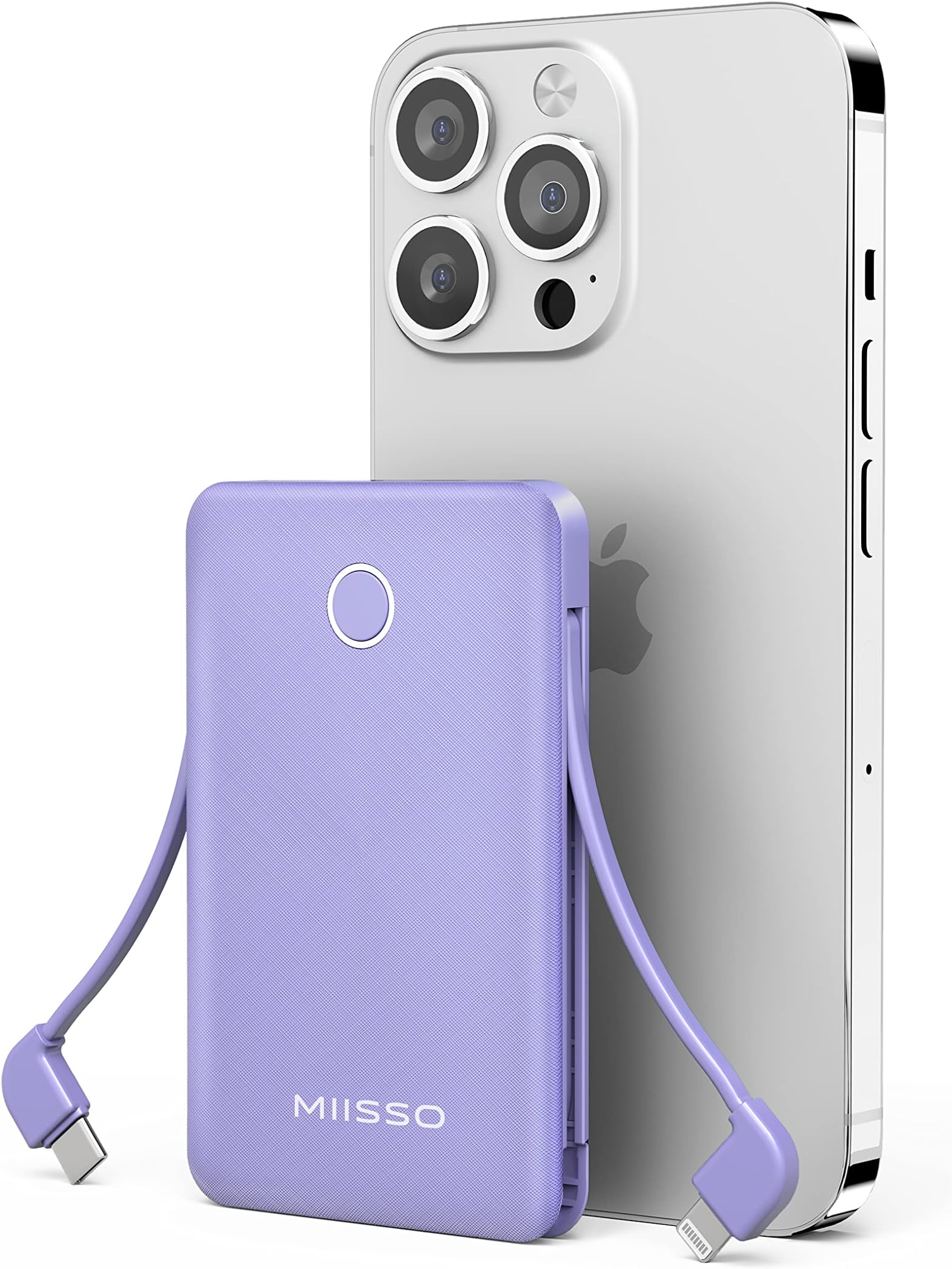 miisso 6000mah Ultra Slim Built in Cables Power Bank, Card Size Built in USB C Cords Battery Pack Portable Charger for Phones, 3 Output External Battery Pack Compatible with iPhone, Purple