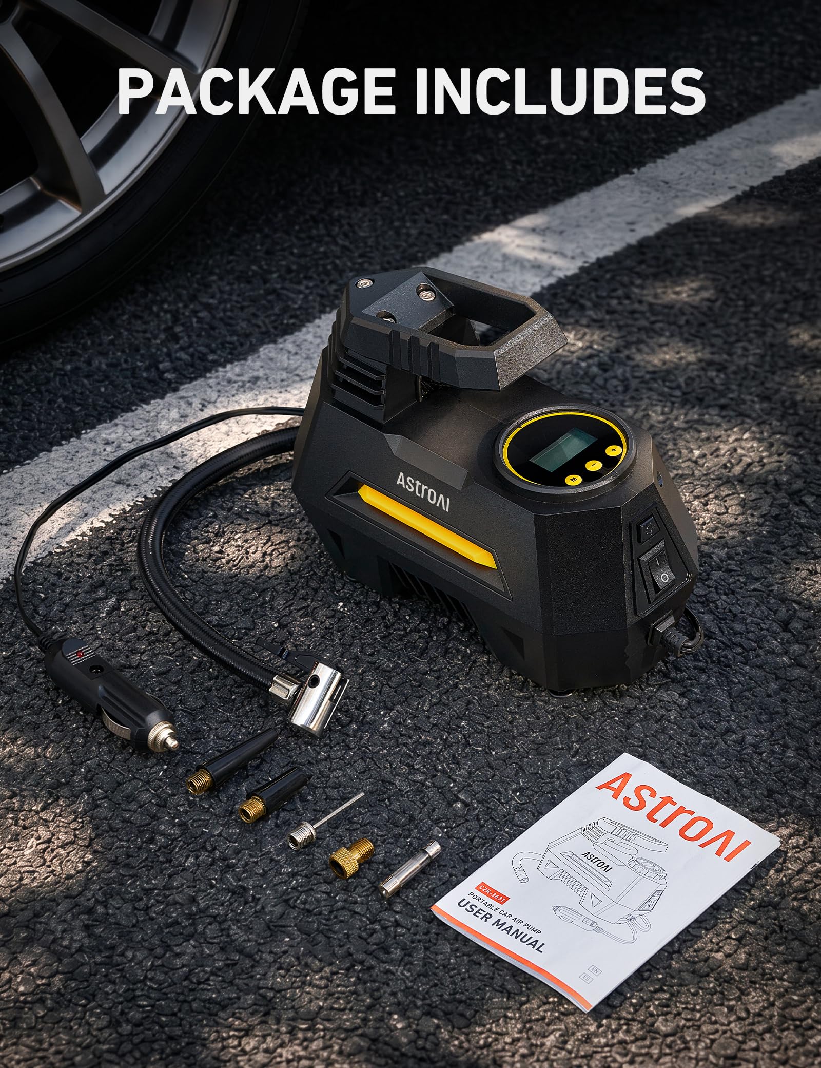 AstroAI AIRUN H1 Tire Inflator Portable Air Compressor,Fast Inflation Electric Air Pump for Car Tires-Car Accessory,9.8Ft Cord-12VDC-Powered Auto Shut-Off with Digital Pressure Gauge,LED Light,Yellow view 7