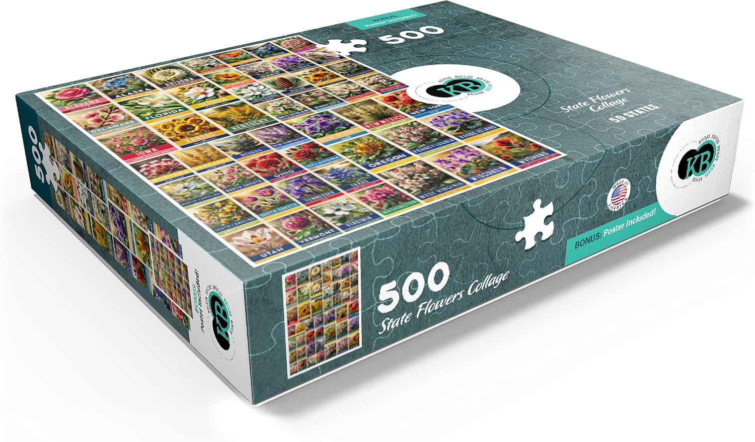 MyPuzzle State Flowers Series: 50 State Flowers Collage, Vol. 1 - Premium 500 Piece Jigsaw Puzzle for Adults