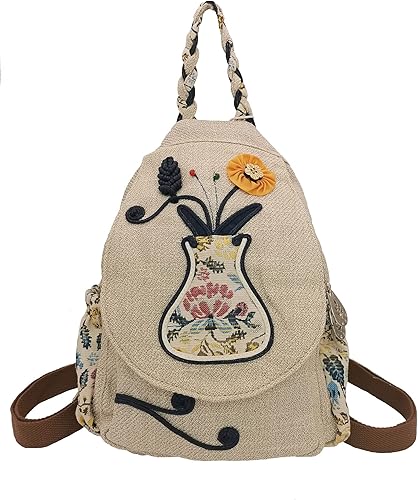 Vista 109 de HUANGGUOSHU Mujer de algodón tejido bohemio cáñamo Boho lona bordado múltiples bolsillos retro linda mochila cartera mochila mochila gato caprichoso