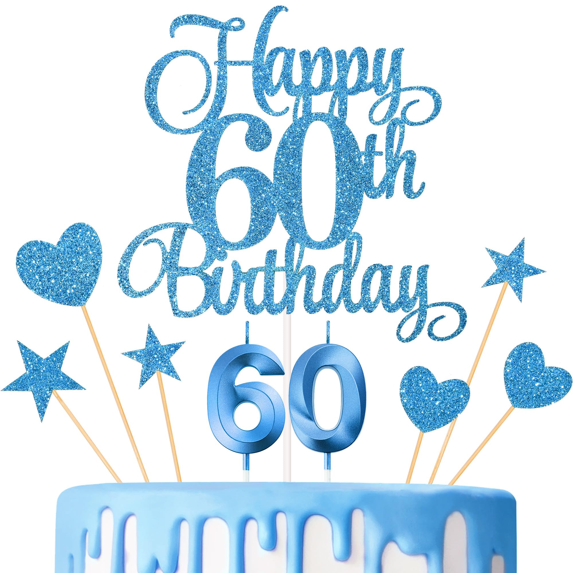 60th birthday cake toppers, 60th birthday candles numeral candles and glitter cake decorations toppers set for party supplies (blue)
