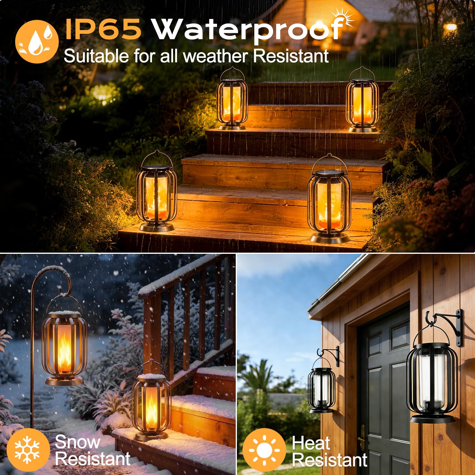 Solar Flammen Laterne für Außen Hängend, 2 Stück Solarlampen IP65 Wasserdicht mit 3 Farbtemperaturen, Balkon Garten Lampion, Halloween Deko, Outdoor Leuchten für Terrasse, Rasen, Hof, Camping