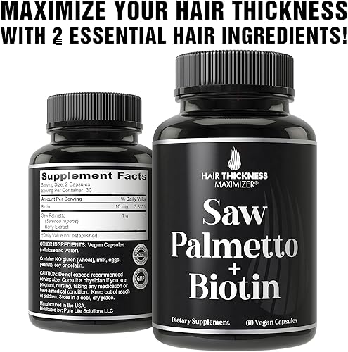 Miniatura 5 de Saw Palmetto + Biotina Advanced Combo 2 en 1 para el crecimiento del cabello. Suplemento de cápsulas veganas con extracto natural de palma de sierra