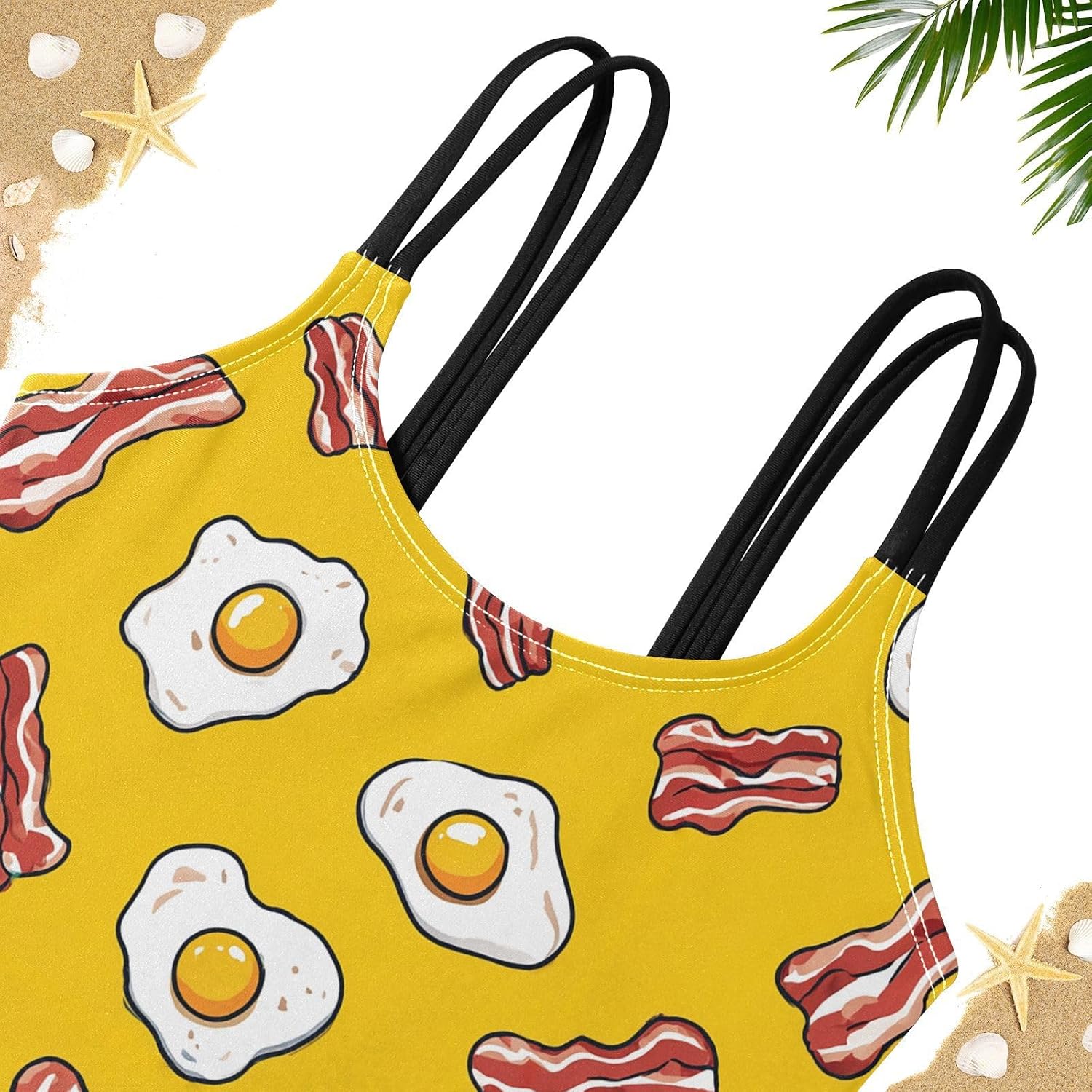 visesunny Girls Two Piece Swimsuits Cartoon Bacon Eggs Girl's Bikini Sets Bathing Suits for Girls Size 5-12Y