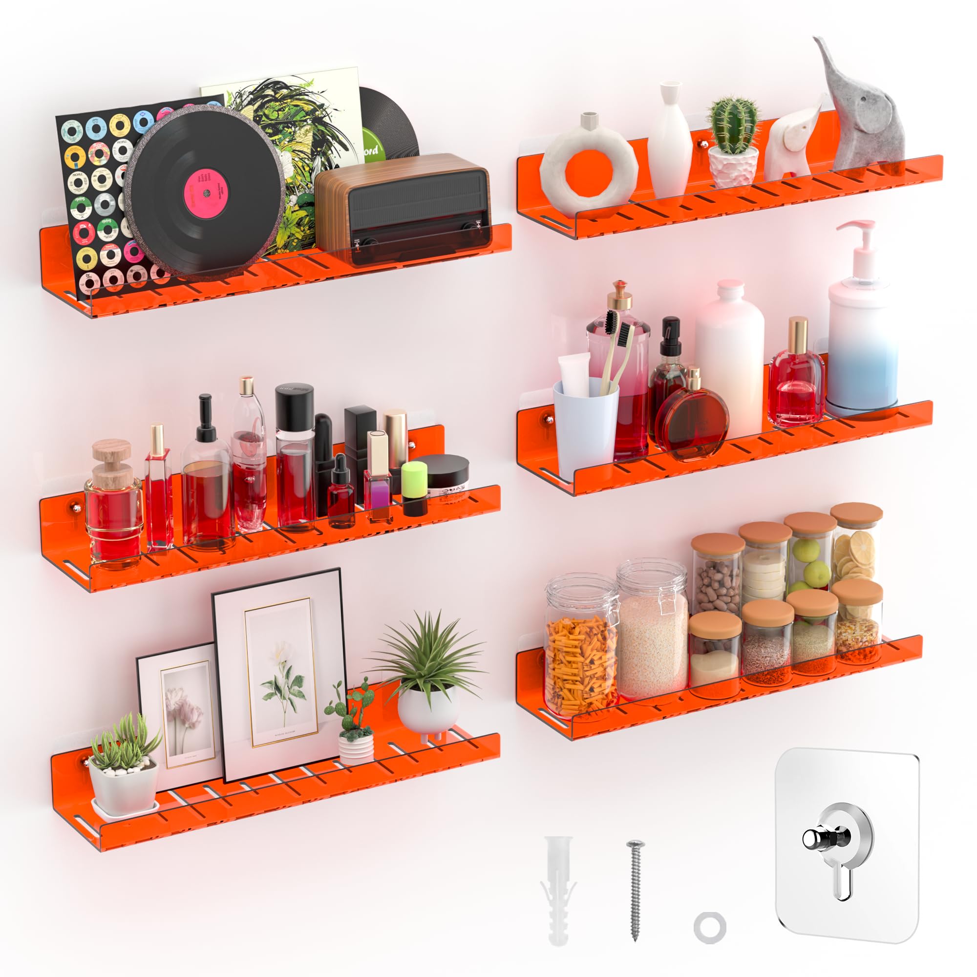 6 Pack Floating Shelves –15'' Orange Acrylic/PET Wall-Mounted No Drill Storage with Adhesive, Bathroom & Bedroom Shelving for Kitchen, Living Room,