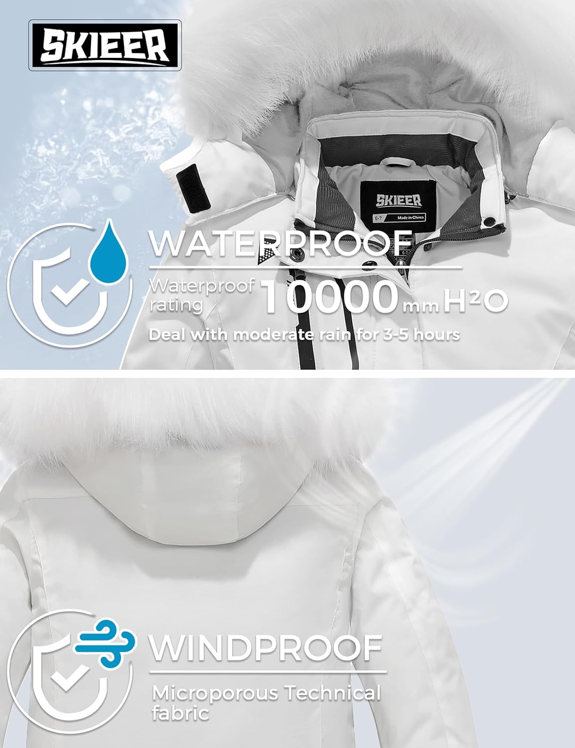 Skieer Girl's Waterproof Ski Jacket Windproof Winter Jacket Hooded Rain Coat - Image 6