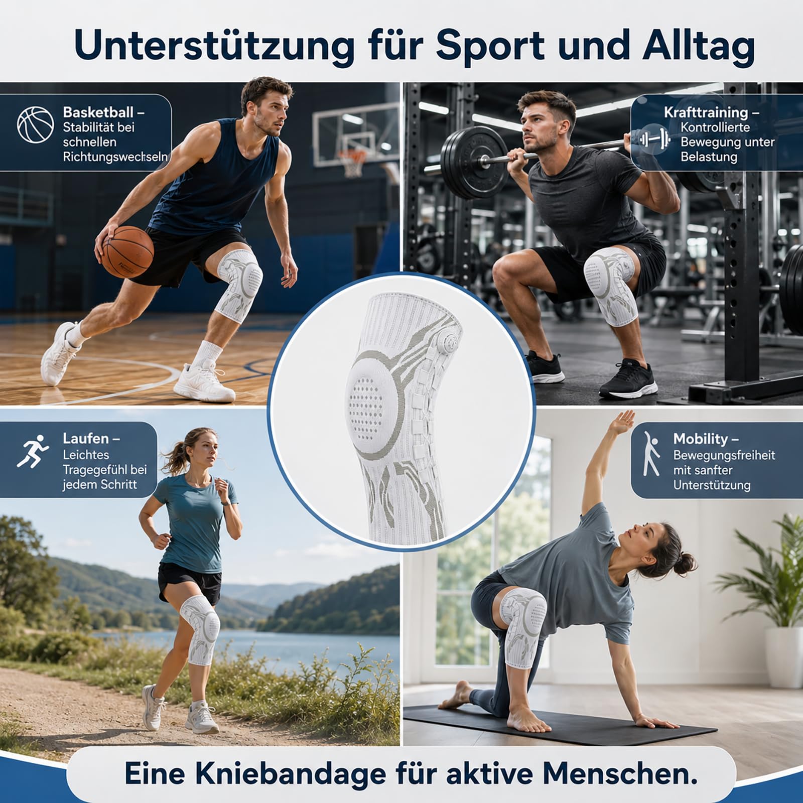 Kniebandage mit Drehverschluss und Patellarschutz, 3D Kompression & rutschfester Halt, verstellbare Kniebandage für Sport, Laufen, Fitness, Training, Arbeit und Alltag, Damen Herren，1 Paar–Schwarz：M