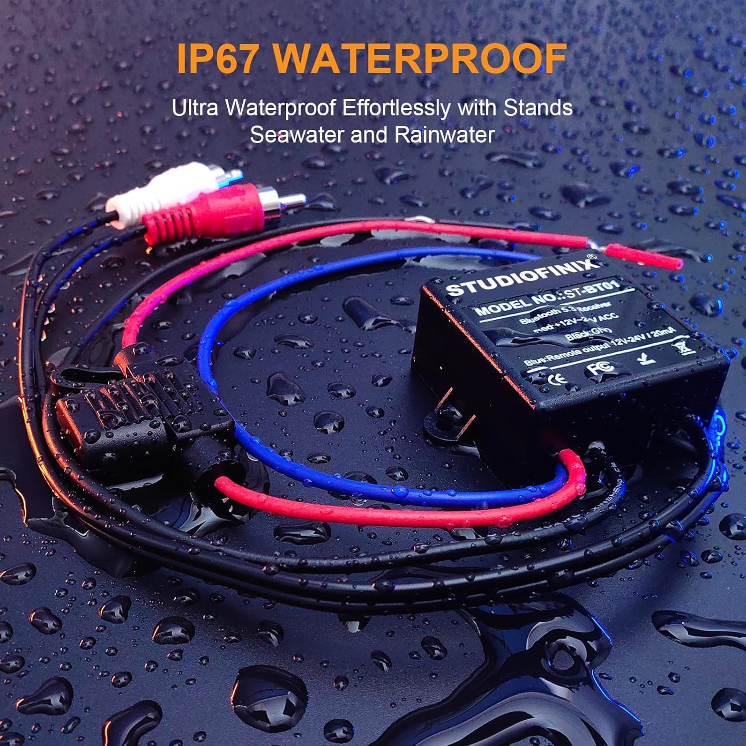 STUDIOFINIX Marine Bluetooth Receiver - IP67 Waterproof BT 5.3 Remote Wireless Connectivity, Stero Male RCA Output for Vehicle of Boat,UTV,ATV, Golf Carts,Motorcycles, Speakers