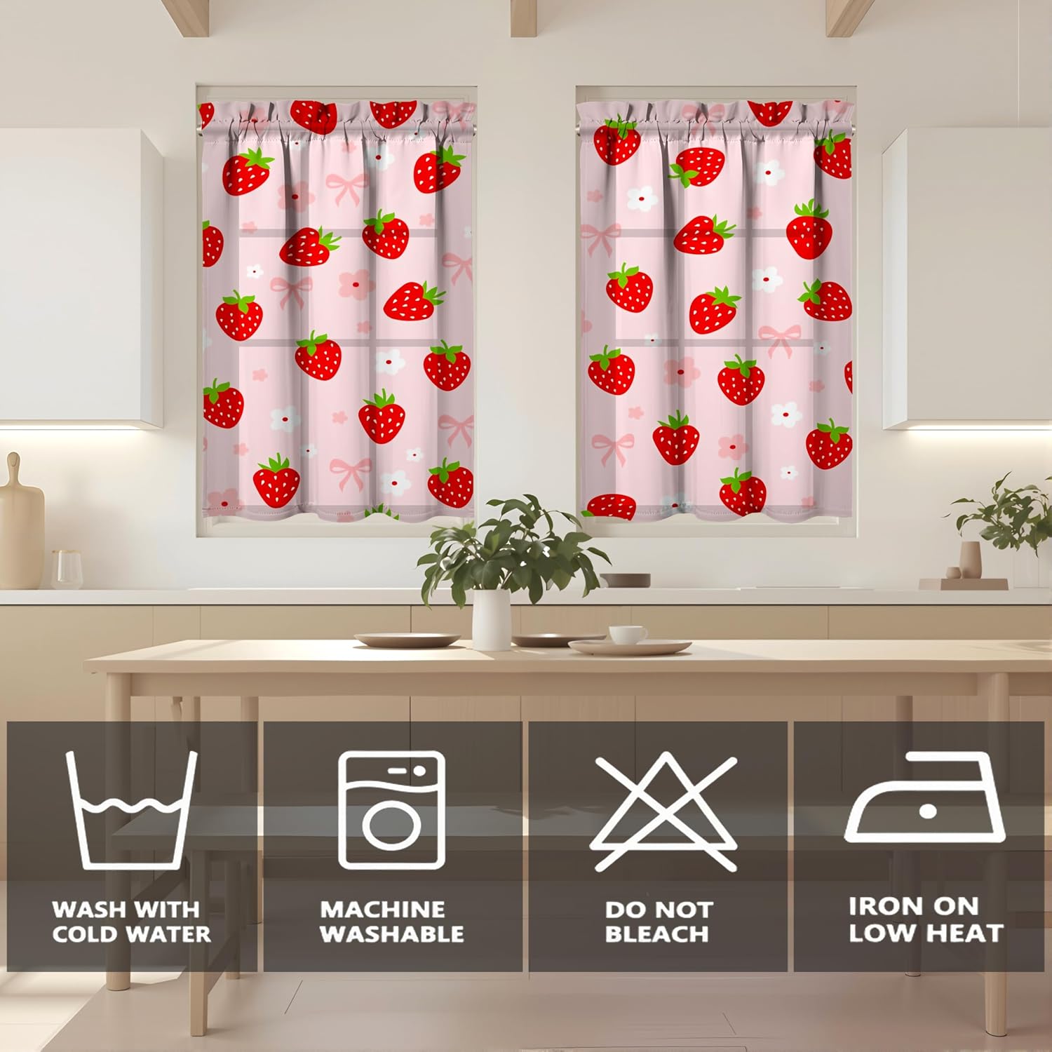 3pcs Strawberry Kitchen Curtains and Valances Set Funny Window Over Sink Decor Ideas Retro Small Window Drapes for Kitchen Bedroom Bathroom Laundry Room Small Windows 27.5x36 inch