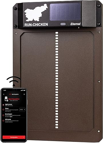 Miniatura 1 de RUN-CHICKEN Puerta (marrón) Puerta automática de gallinero con energía solar, funciona con pilas, abridor de puerta eléctrico programable con