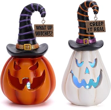 Valery Madelyn Pumpkin Halloween Decorations Indoor for Home, 2Pcs Resin Halloween Figurines with Light, White and Orange Jack o Lantern Decor with Witch Hat for Table Tiered Tray, 5.7" Tall