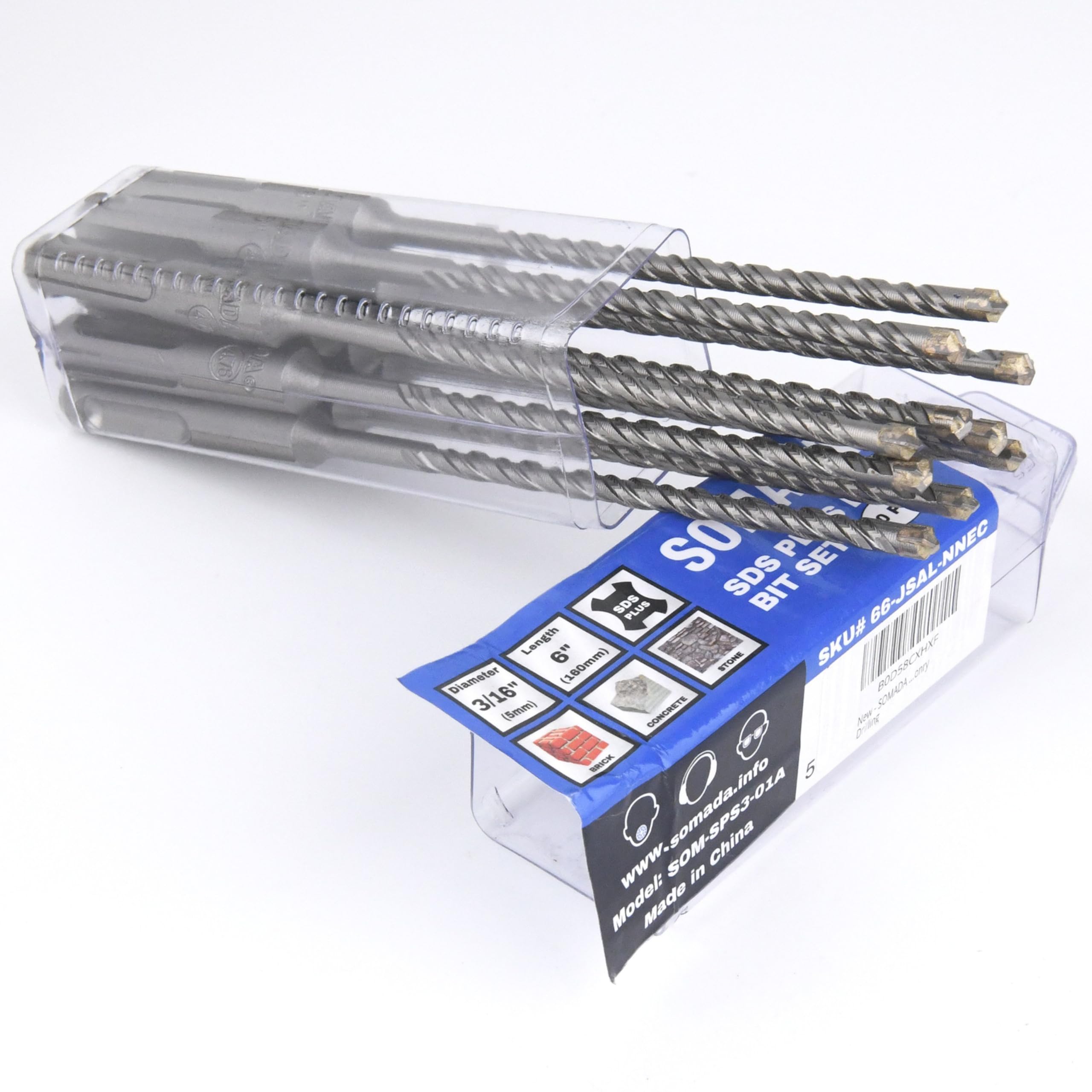 SOMADA 3/16-Inch x 6-Inch SDS Plus Drill Set of 10 Pcs SDS-Plus Rotary Hammer Drill Bit 4-Cutter Carbide Tip for Concrete, Brick, Stone and Masonry