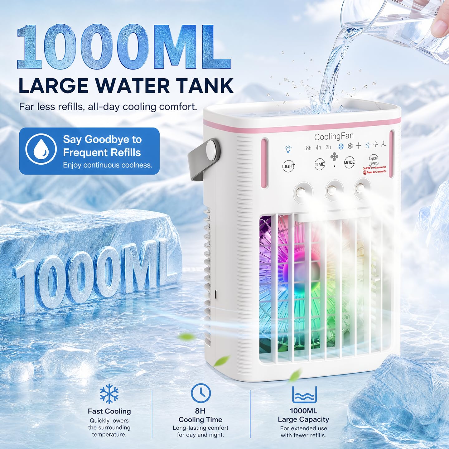 Klimaanlage Mobil,6 in 1 Mobiles Klimagerät,1000ml Mobile Klimaanlage mit Fernbedienung, 3 Geschwindigkeiten, 3 Nebelmodi, Typ-C,7 Farben Licht, 2-8H Timer, Tragbarer Klimaanlage für Zimmer/Büro
