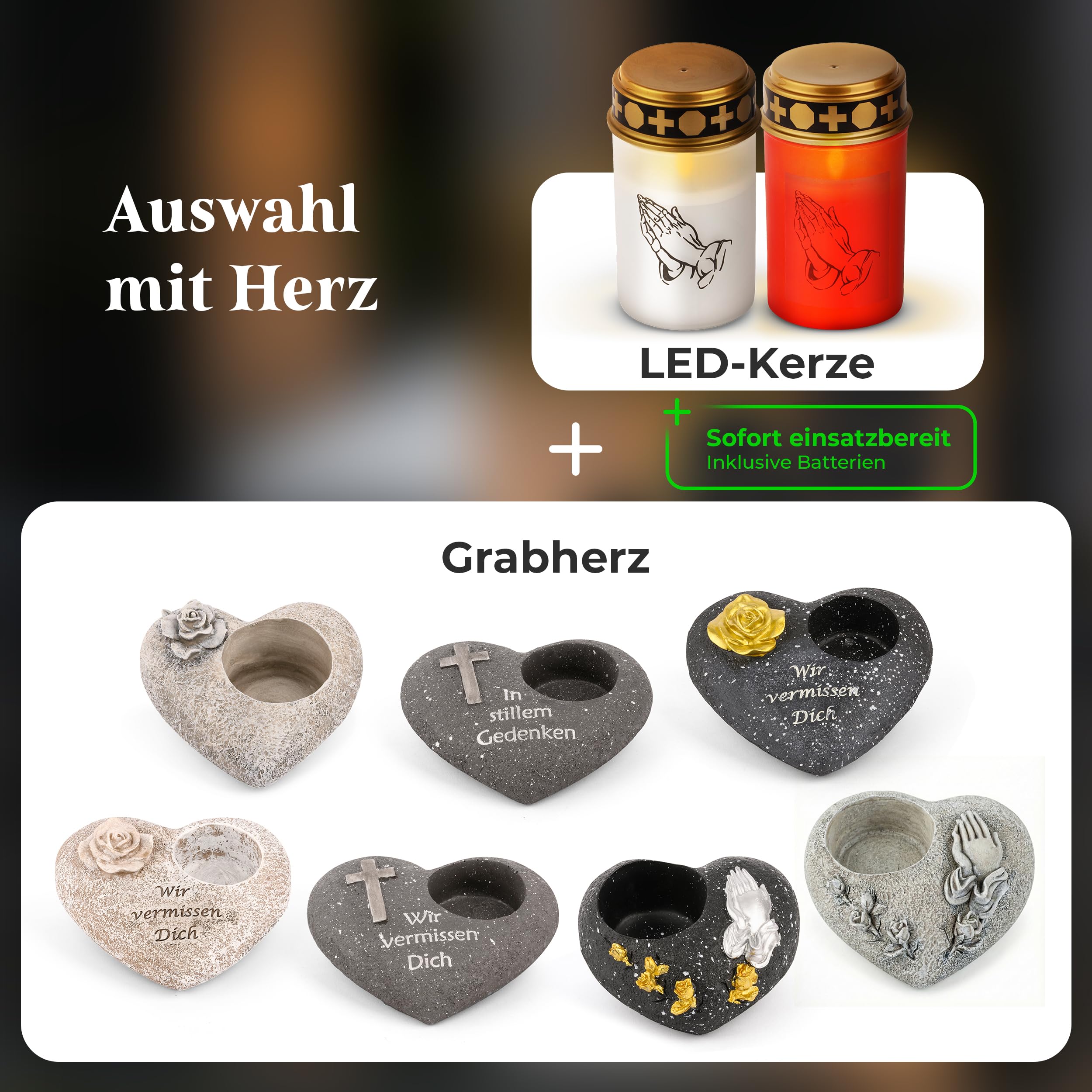 Novaliv Znicze białe 2 x i czerwone, 2 x świecące świece LED, migoczący płomień, świeca nagrobna LED z baterią, świeca cmentarna, świeca pamiątkowa, latarnia nagrobna, światło wieczne