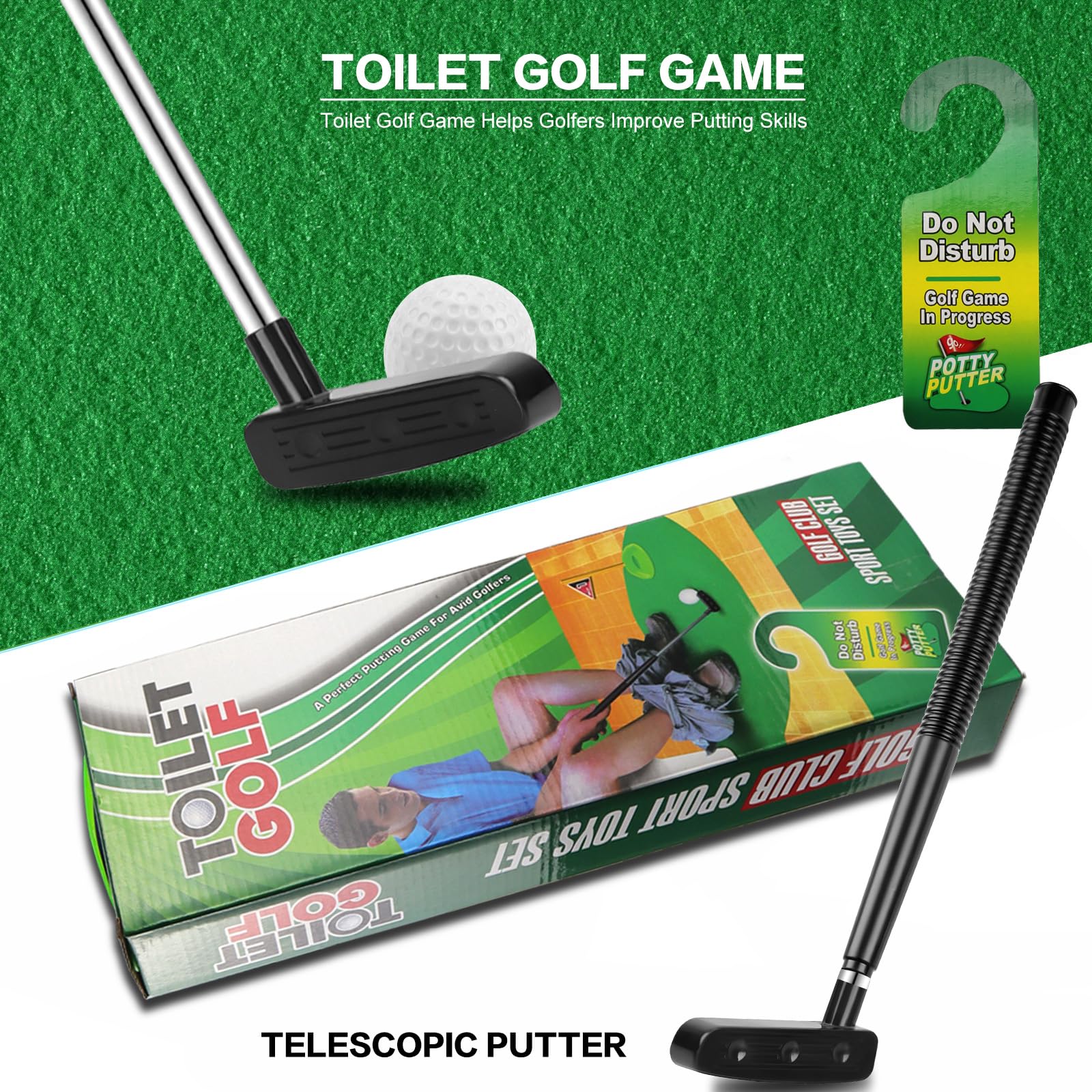 FAELNK Mini Golf Game Set para Inodoro Divertido Regalo para Hombres de Golf con Palo de Golf de 65 cm, Tapete para Putting, 2 Pelotas de Golf y Colgador para Puerta