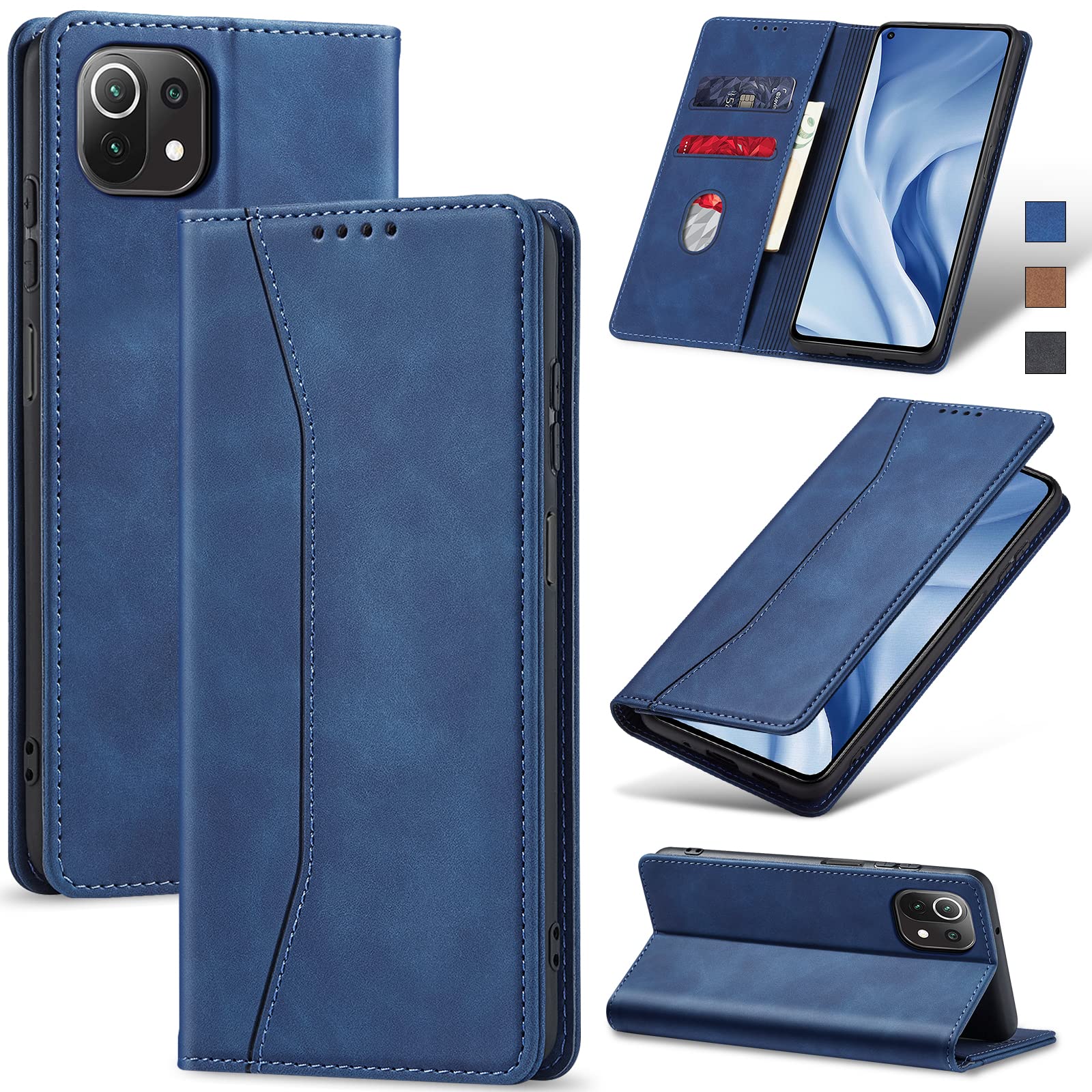 OKZONE Cover Per Xiaomi Mi 11 Lite 4G/5G/NE – Custodia Flip In Pelle PU Con Portafoglio, Slot Carte E Supporto – Blu