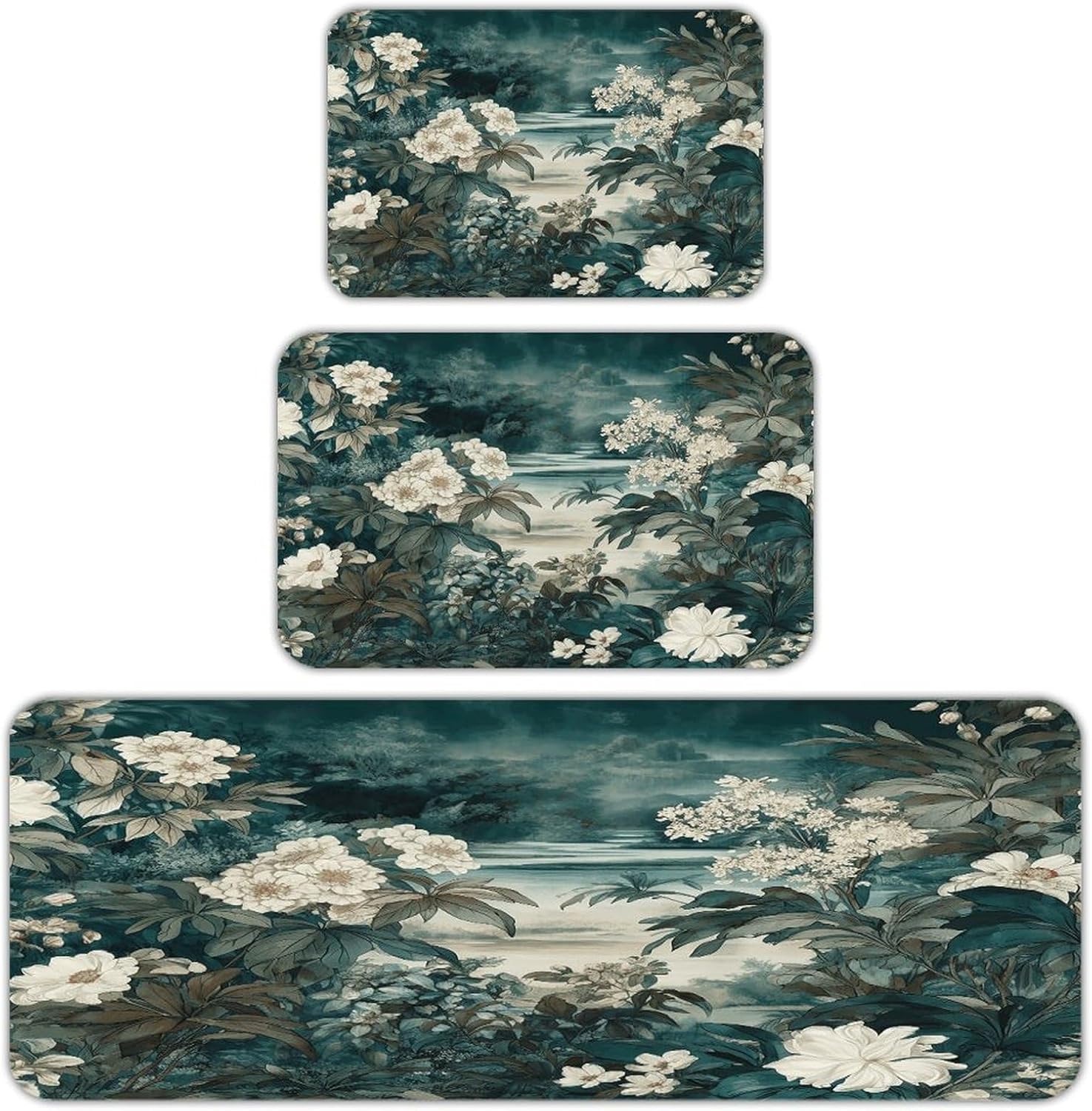 White and Emerald Kitchen Mat Set of 3 Waterproof Floor Mats Non-Slip Kitchen Rugs Premium Flannel Rug Heavy Duty Standing Mat for Kitchen Home Bathroom Laundry