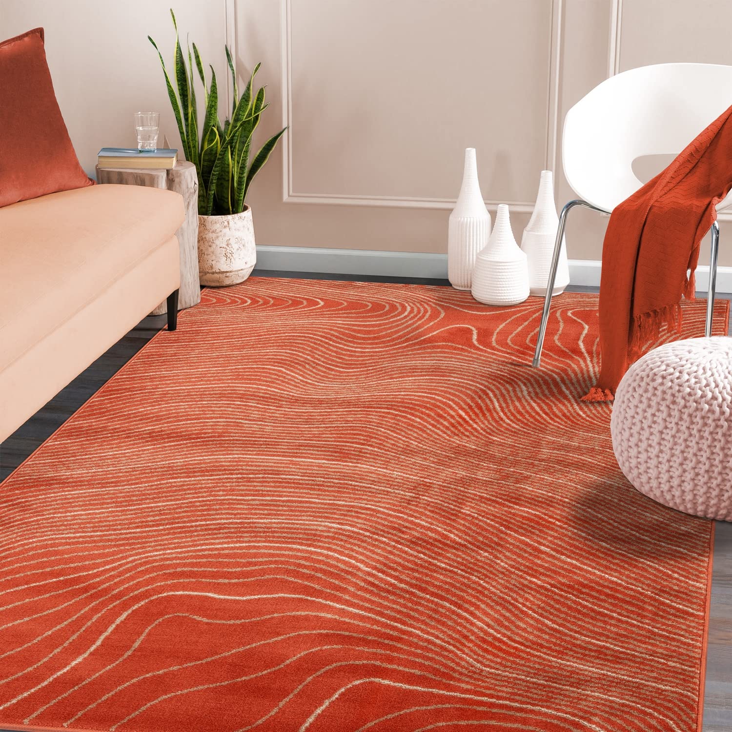 Superior Indoor Large Area Rug, Modern Abstract Decor for Living/Dining Room, Office, Bedroom, Entryway, Kitchen, Dorm, Playroom, Hardwood Floor Throw, Jute Backing, Veer Collection, 7' x 9', Coral