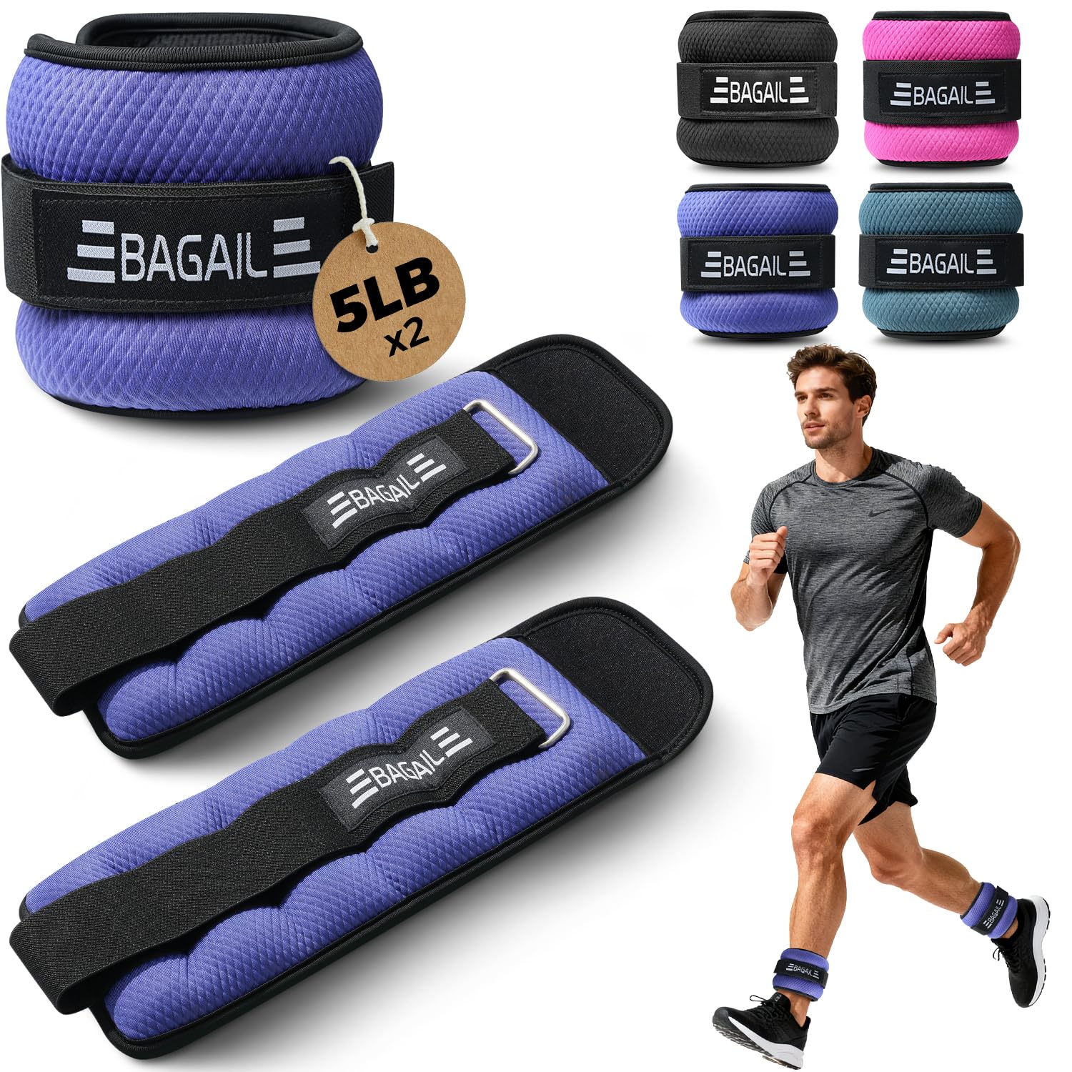 BAGAIL Ankle and Wrist Weights Set (2.27kg x 2) - Arm & Leg Weights for Men and Women - Adjustable Size, Secure Fit and Sleek Design for Walking, Running, Home Workouts & Physical Therapy - Purple