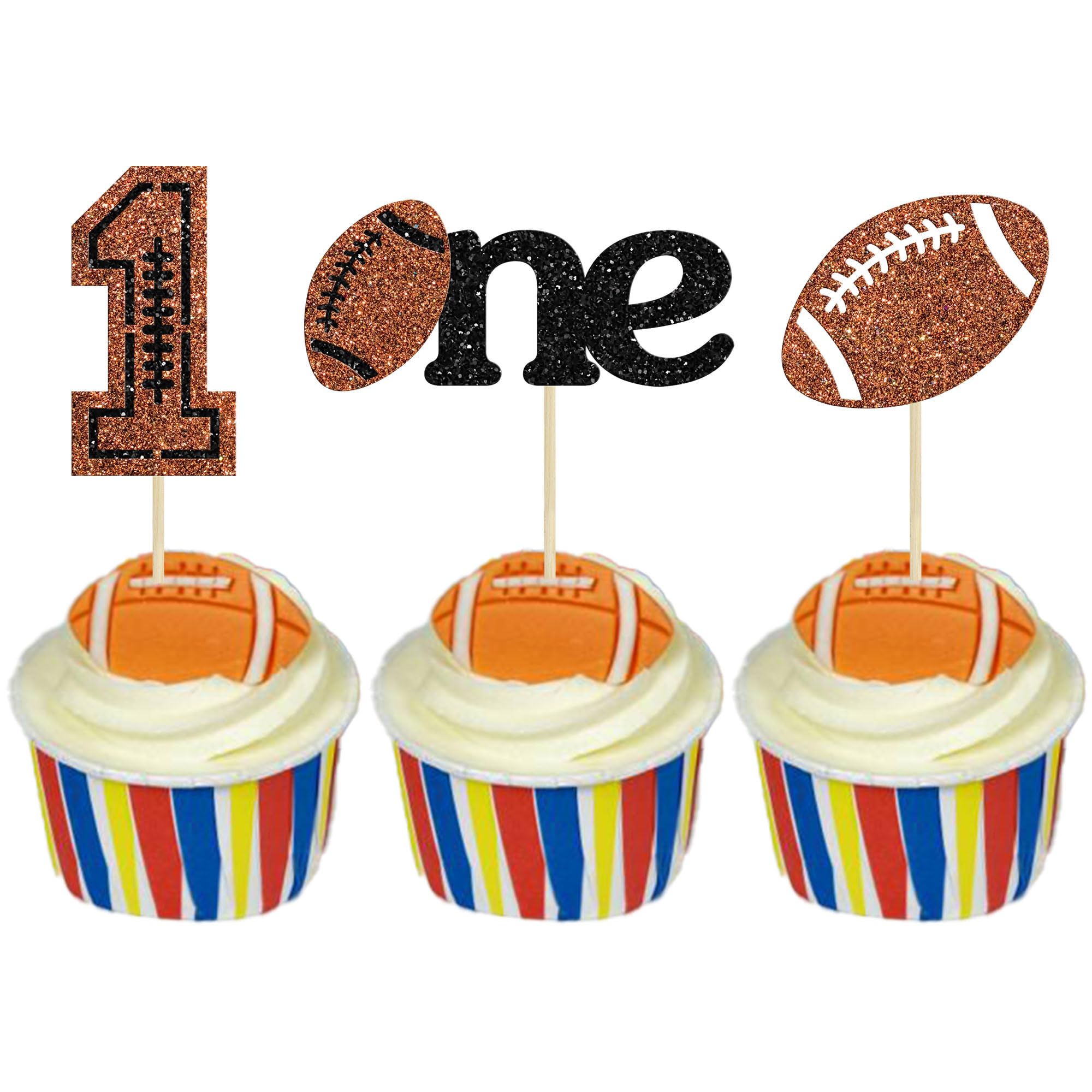 Gyufise 24Pcs Rugby One Cupcake Toppers Glitter American Football 1st Birthday Cupcake Picks Sports Theme One Cupcake Decors for Baby Shower Birthday Party Supplies