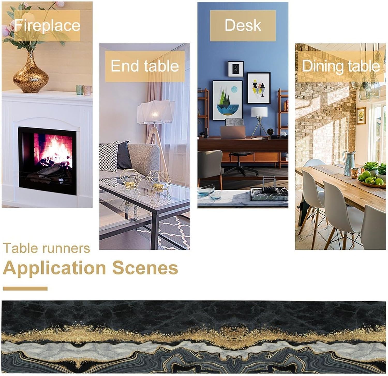 Marble Modern Abstract Table Runner,Luxury Black Gold Cracked Texture Table Center Decor for Restaurant Kitchen Wedding Farmhouse Indoor Outdoor Home Party Cabin Dining Decoration 13×120in