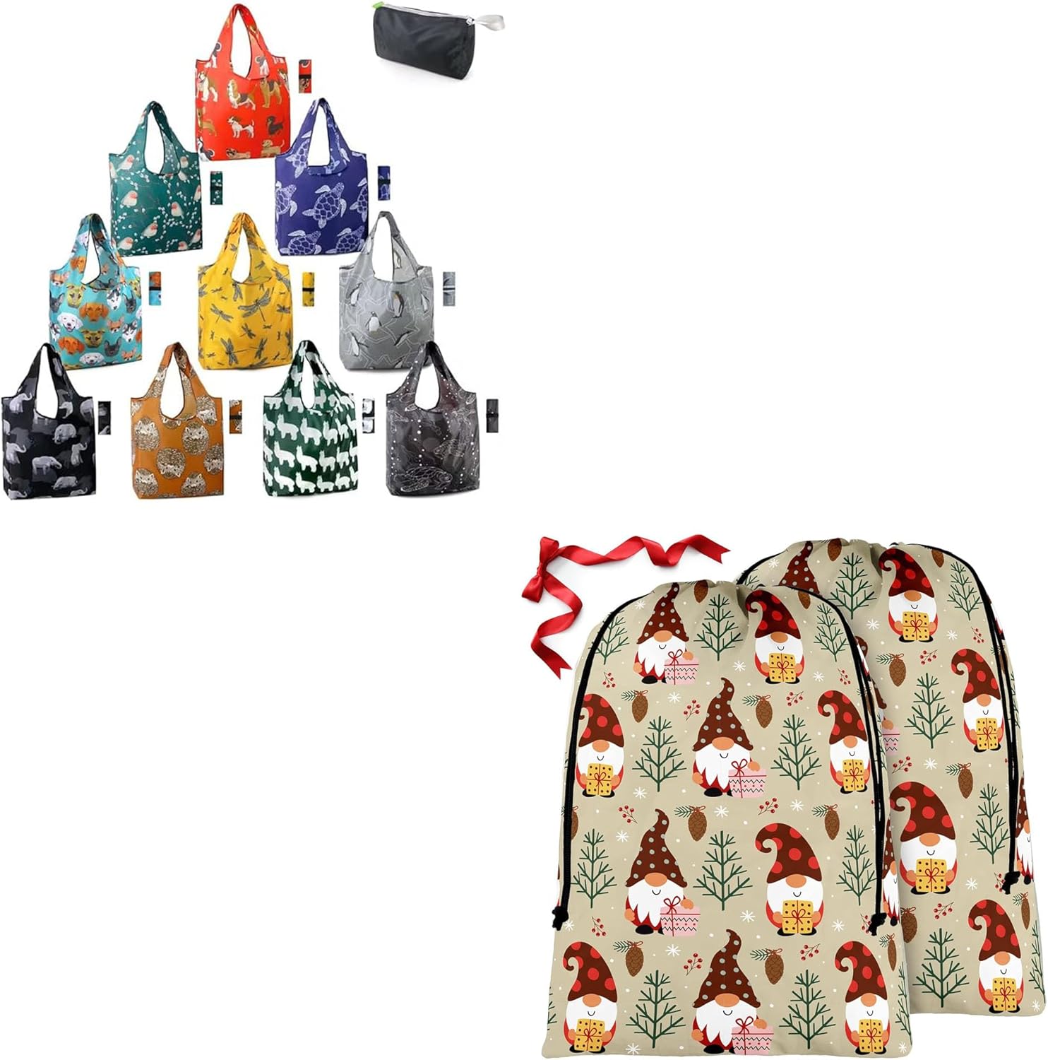 BeeGreen Gifts for Animal Lovers Women Animal Reusable Shopping Bags Grocery Totes 10 Pack， Giant Reusable Gift Bag for Holiday Presents Birthday Gift Party Favor Wrapping Candy