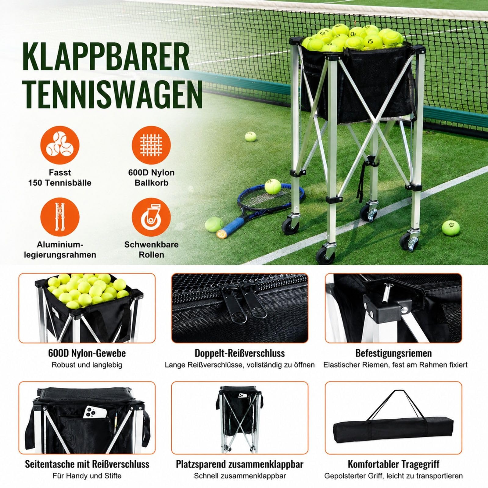 Tennisballwagen mit Rädern, Korb für 150 Bälle, Faltbare Struktur für Tennistraining