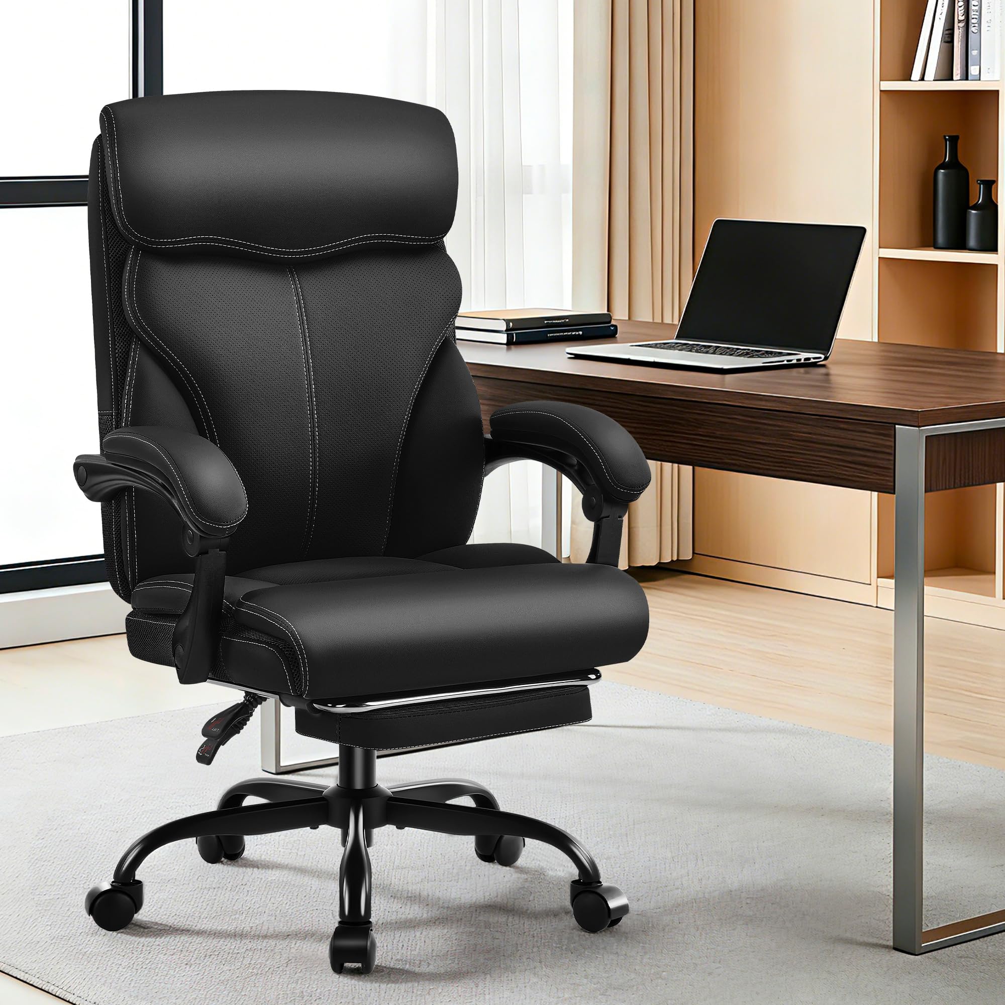 Ergonomischer Chefsessel mit Fußstütze bis 180 kg, Schwarz | Kunstlederbezug, verstellbare Armlehnen, hohe Rückenlehne, Liegefunktion, ideal für Büro & Homeoffice