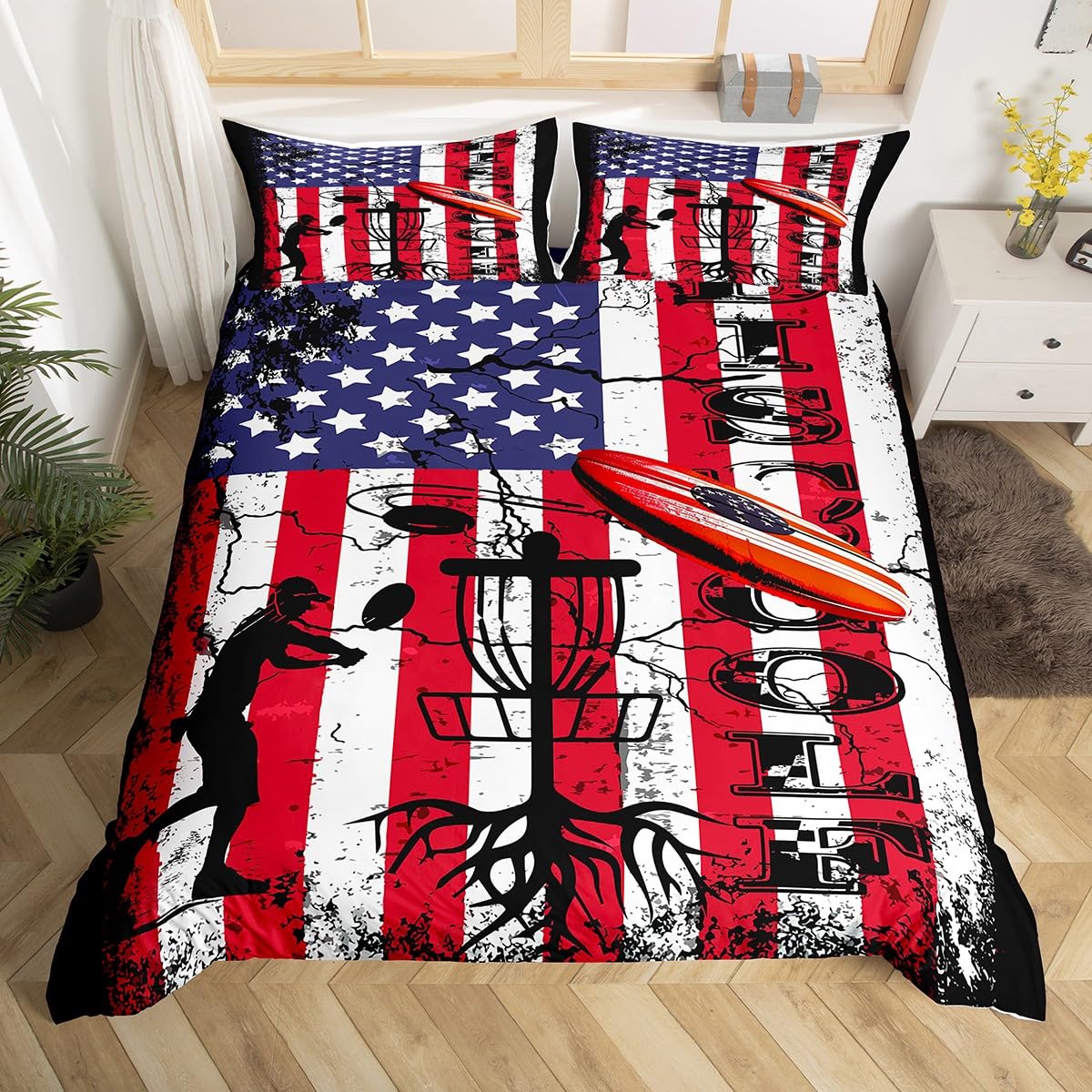 Manfei American Flag Kids Duvet Cover Set Twin Size, Disc Golf Comforter Cover with 1 Pillowcase, Sports Gaming Theme Bedding Set 2pcs for Boys Girls