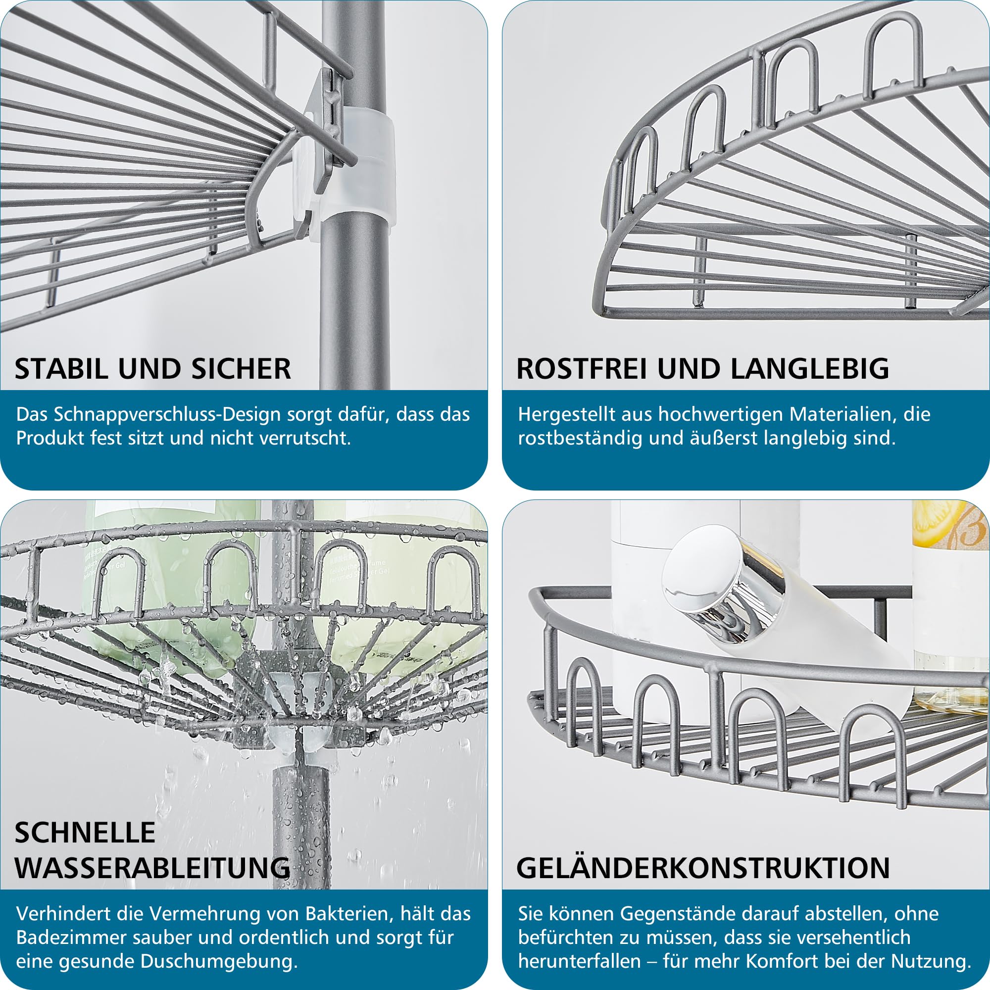 Duschablage ohne Bohren Edelstahl Teleskop Duschregal Duschgel Halterung Eckregal Bad mit 4 Körben, 85-325cm, für Badewanne Badezimmer Dusche und Küche, Grau