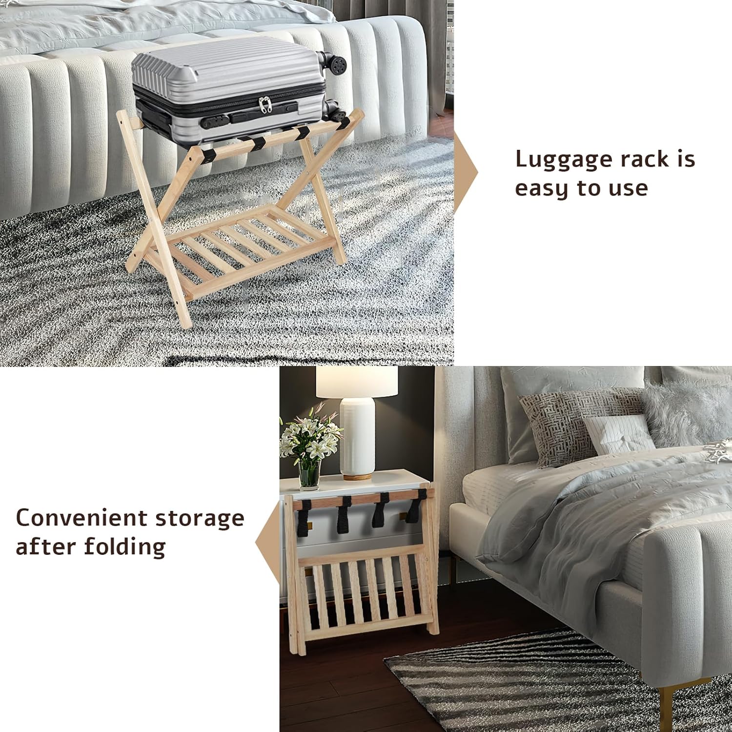 Foldable Rubber Wood Luggage Rack, X-Frame Suitcase Stand with Storage Shelf, 131 LBS Heavy Duty, Easy Assembly, Space-Saving Luggage Holder for Guest Room Bedroom Hotel(4 pack )